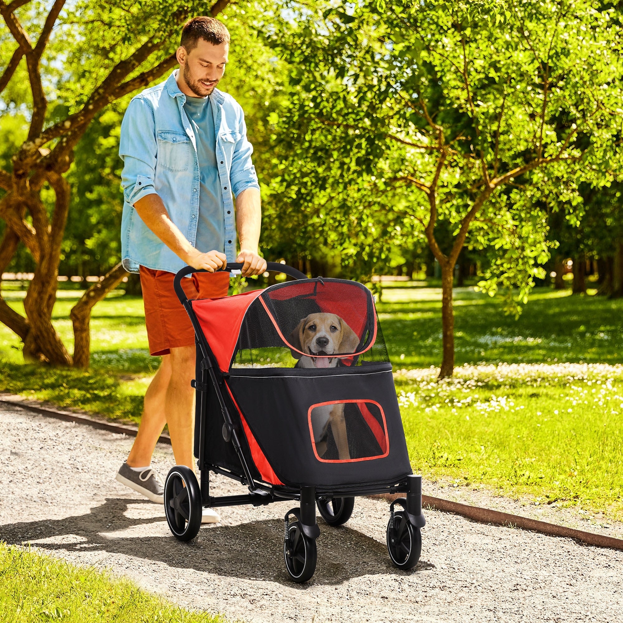 Pet Stroller with Universal Front Wheels, Shock Absorber, One-Click Foldable Dog Cat Carriage with Brakes, Storage Bags, Safety Leash for Large & Medium Dogs, Red