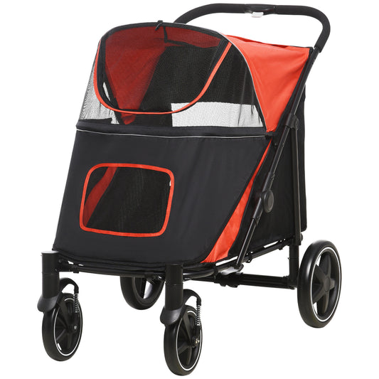 Pet Stroller with Universal Front Wheels, Shock Absorber, One-Click Foldable Dog Cat Carriage with Brakes, Storage Bags, Safety Leash for Large & Medium Dogs, Red