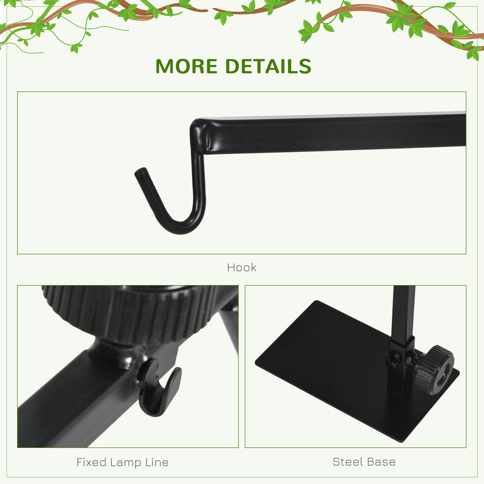 Reptile Lamp Stand, Adjustable Height and Width Heat Lamp for Reptile Amphibian Terrariums, Light Stand with Hook Hanging Steel Base - Black
