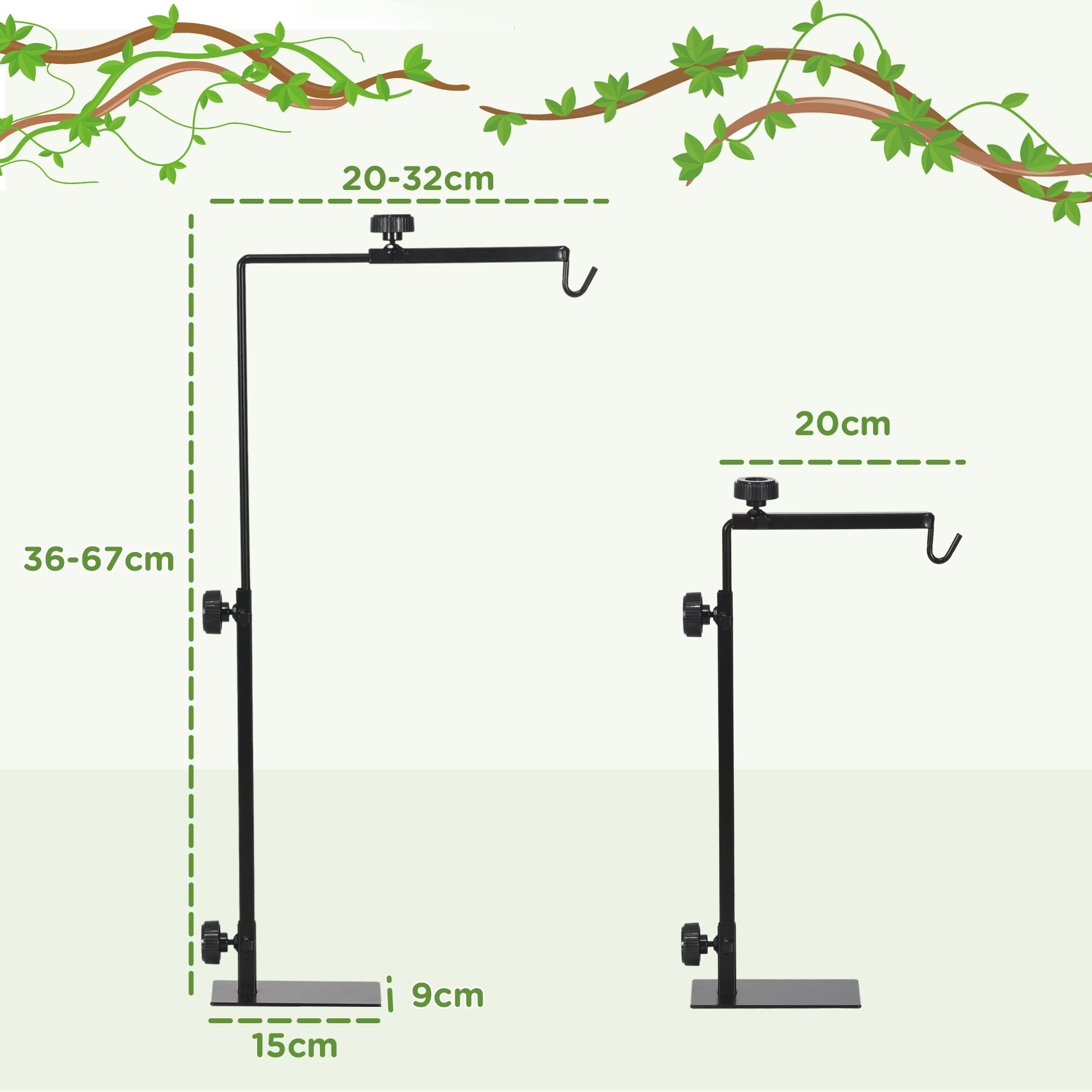 Reptile Lamp Stand, Adjustable Height and Width Heat Lamp for Reptile Amphibian Terrariums, Light Stand with Hook Hanging Steel Base - Black