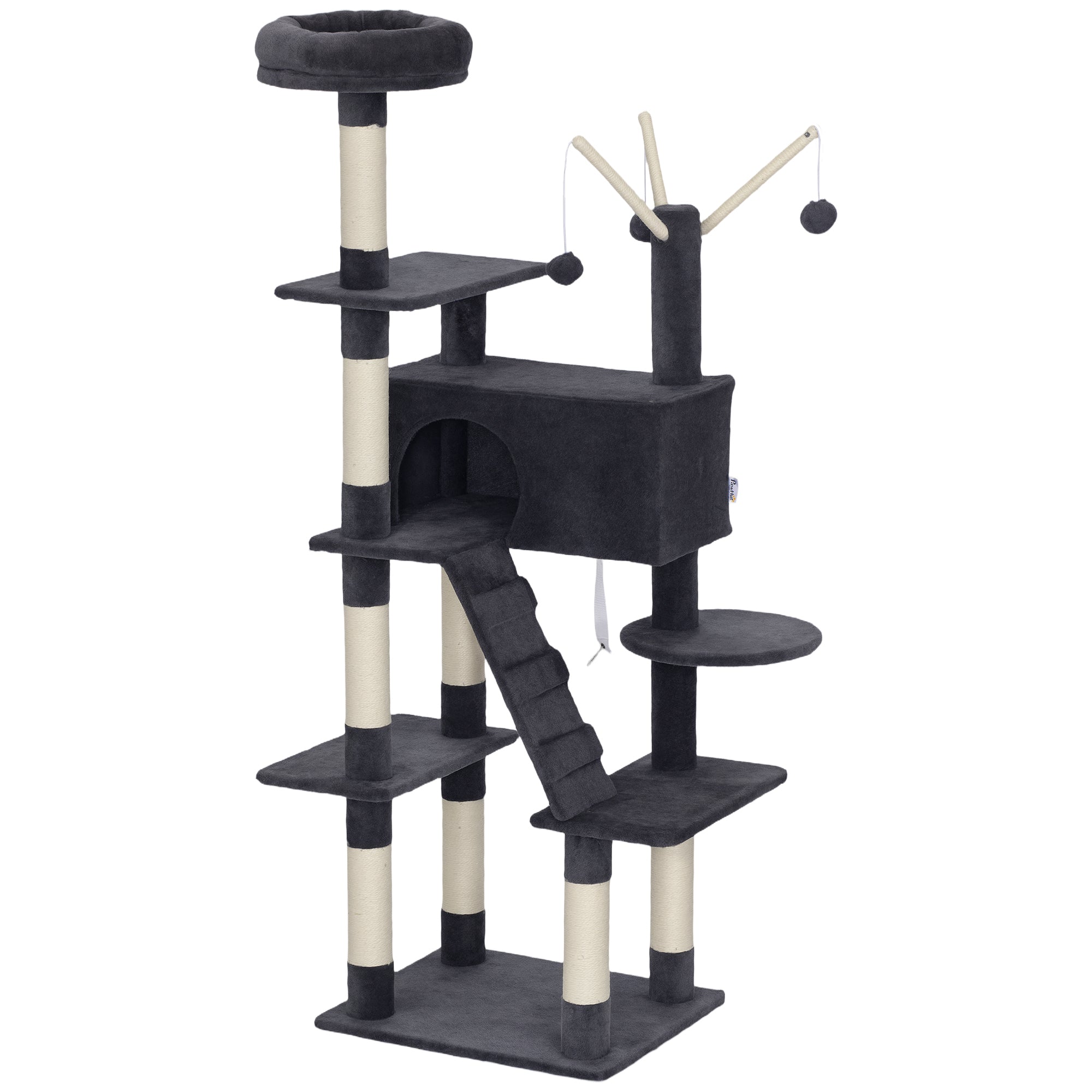 59 Inch Cat Tree, Large Multi-Level Cat Tower with Sisal Scratching Posts, Cozy Condo, Top Perch, Ladder and Interactive Balls for Indoor Kittens, Dark Grey