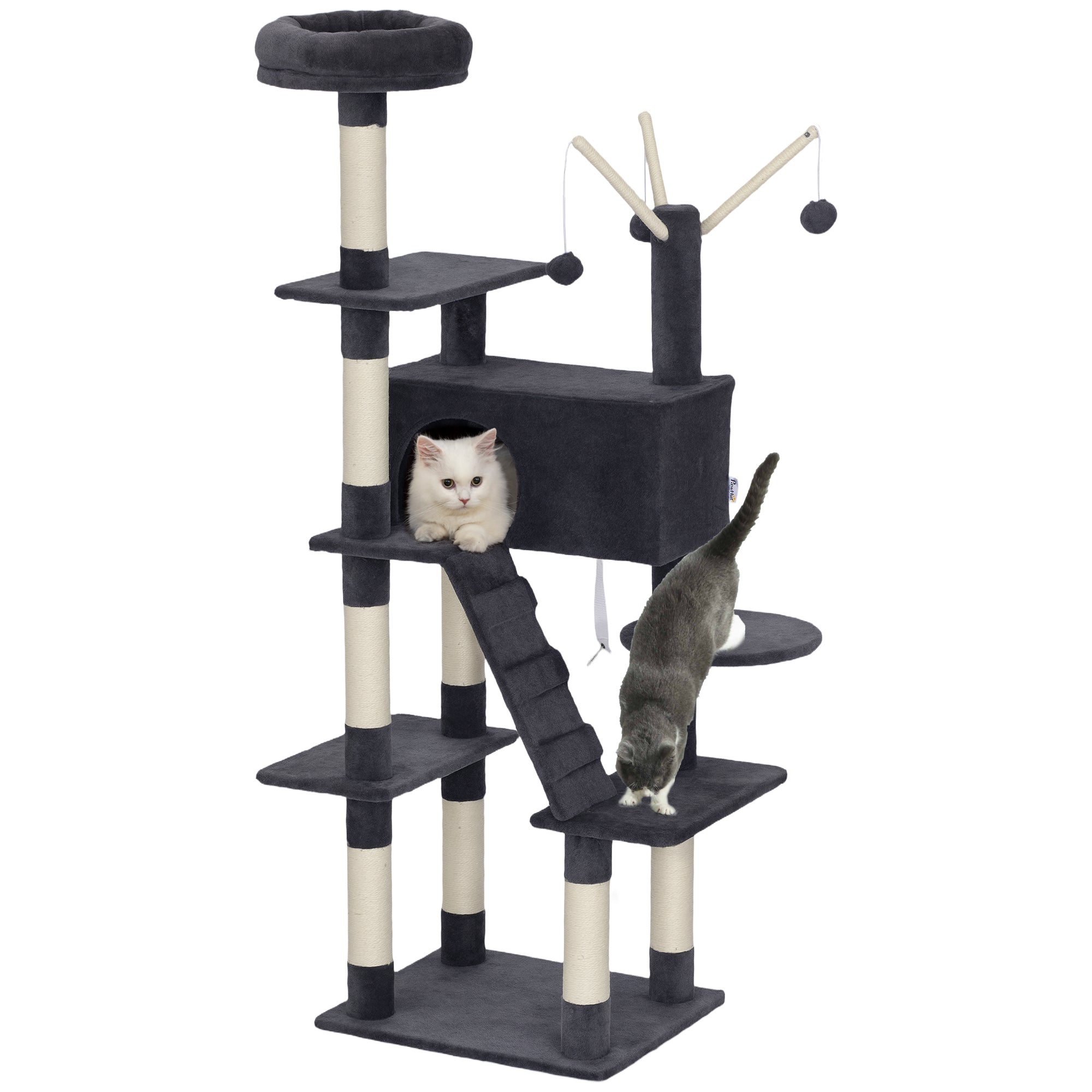 59 Inch Cat Tree, Large Multi-Level Cat Tower with Sisal Scratching Posts, Cozy Condo, Top Perch, Ladder and Interactive Balls for Indoor Kittens, Dark Grey