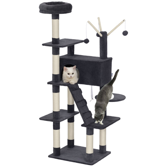 59 Inch Cat Tree, Large Multi-Level Cat Tower with Sisal Scratching Posts, Cozy Condo, Top Perch, Ladder and Interactive Balls for Indoor Kittens, Dark Grey