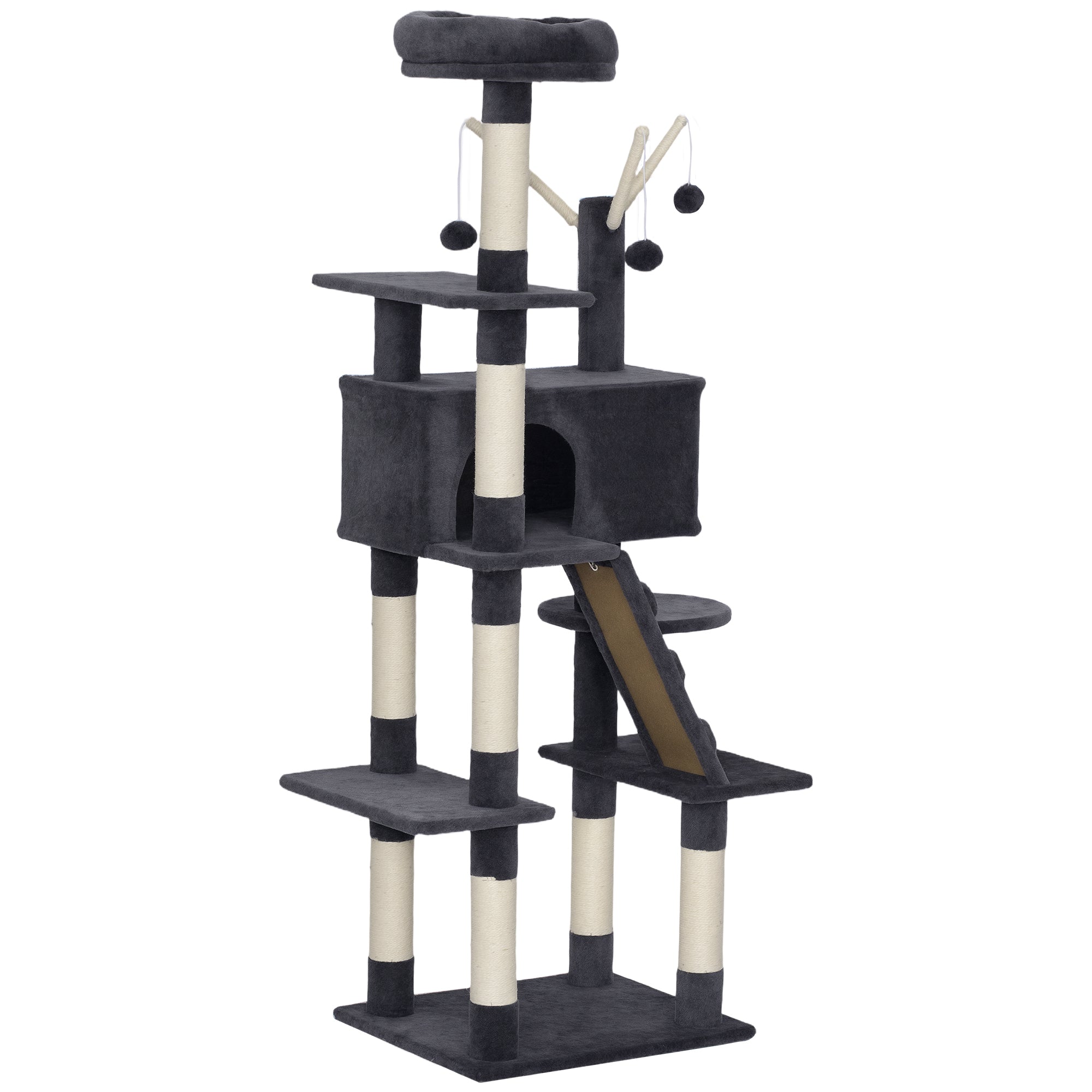 59 Inch Cat Tree, Large Multi-Level Cat Tower with Sisal Scratching Posts, Cozy Condo, Top Perch, Ladder and Interactive Balls for Indoor Kittens, Dark Grey