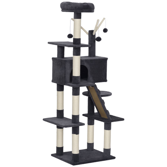 59 Inch Cat Tree, Large Multi-Level Cat Tower with Sisal Scratching Posts, Cozy Condo, Top Perch, Ladder and Interactive Balls for Indoor Kittens, Dark Grey
