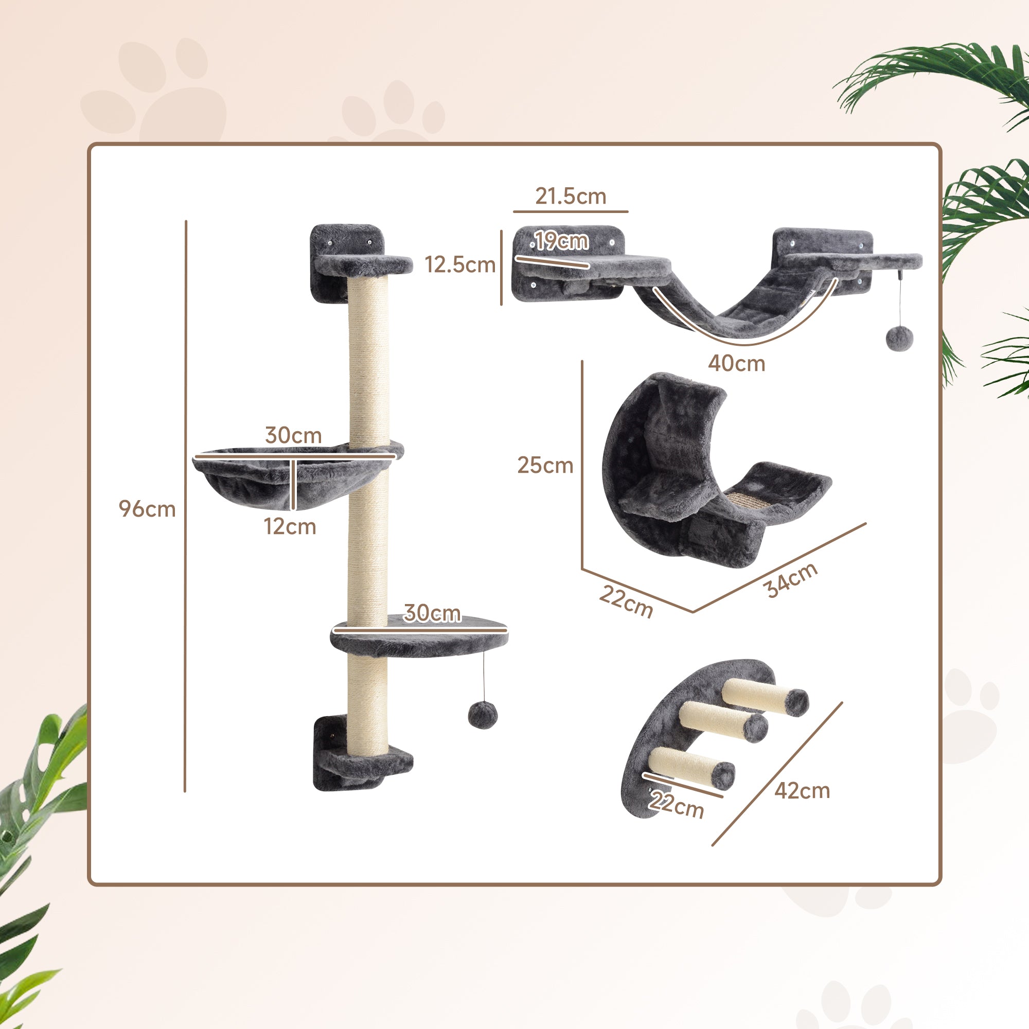 4 Piece Cat Shelves, Cat Wall Furniture with Hammock, Scratching Posts, Soft Ladder, Steps, Jump Platforms, for Indoor Kittens - Dark Grey