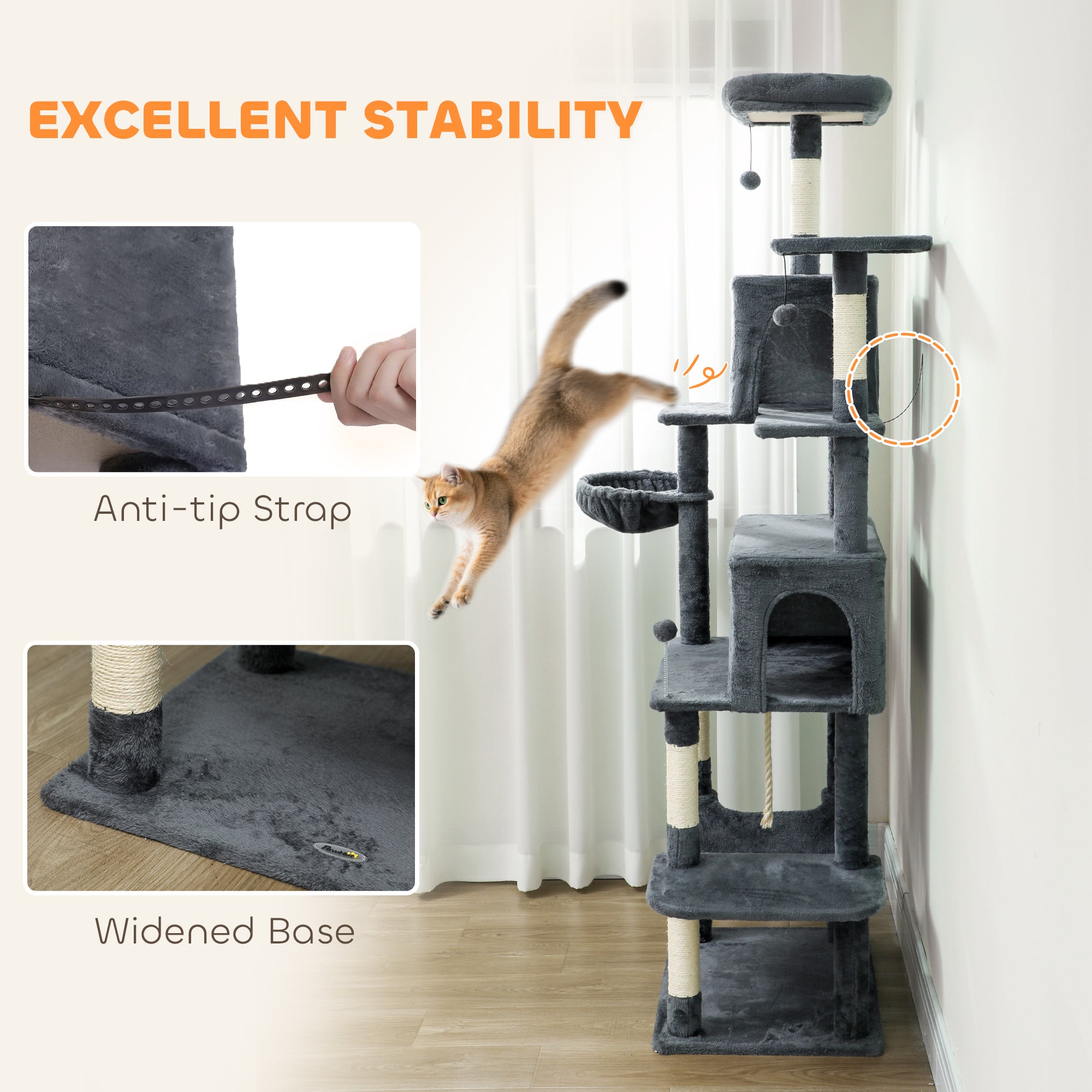 Cat Tree, 202cm Large Cat Tower for Indoor Kittens with 6 Scratching Posts, 2 Condos, 2 Perches, 2 Hammocks, Pompoms, Multi-Level Plush Kitty Activity Centre for Rest and Play, Dark Grey