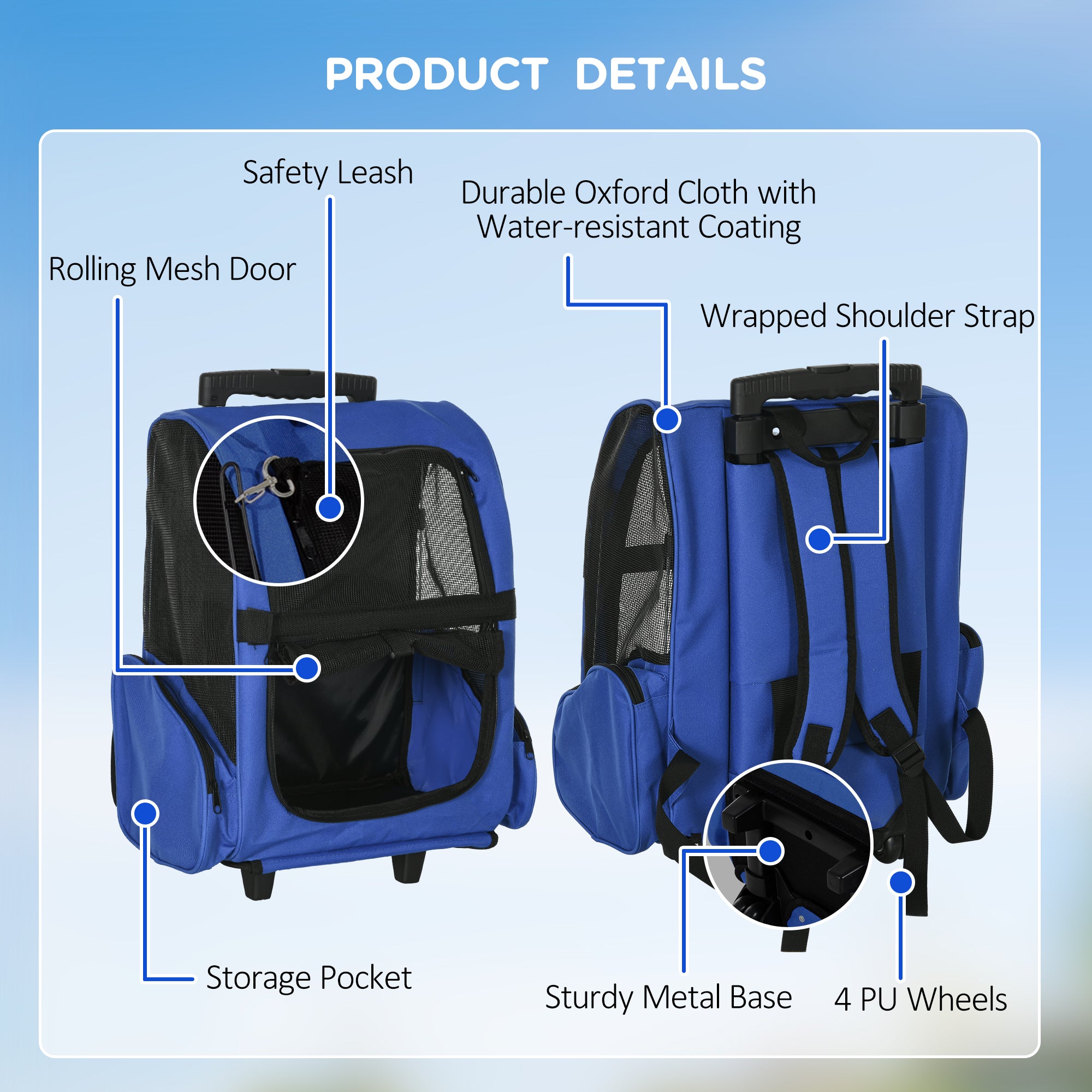 Pet Travel Backpack Bag Cat Puppy Dog Carrier w/ Trolley and Telescopic Handle Portable Stroller Wheel Luggage Bag (Blue)