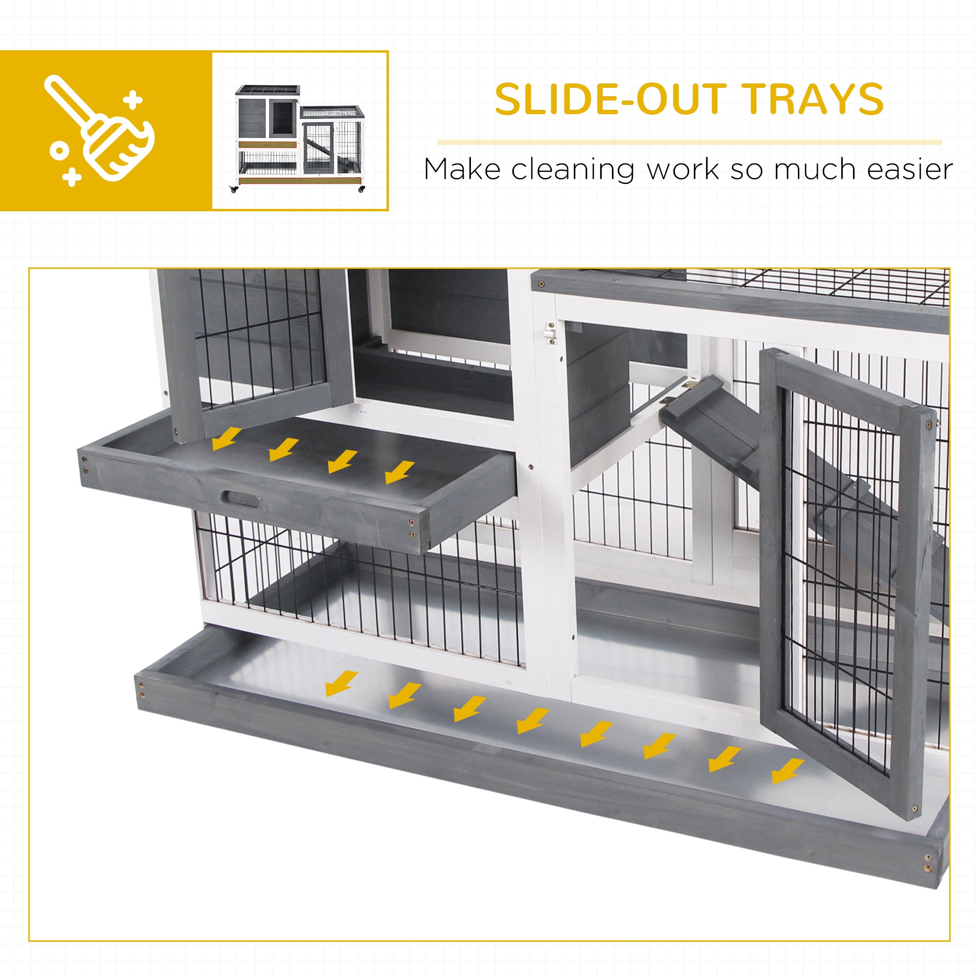 Wooden Indoor Rabbit Hutch Guinea Pig House Bunny Small Animal Cage W/ Wheels Enclosed Run 110 x 50 x 88 cm, Grey