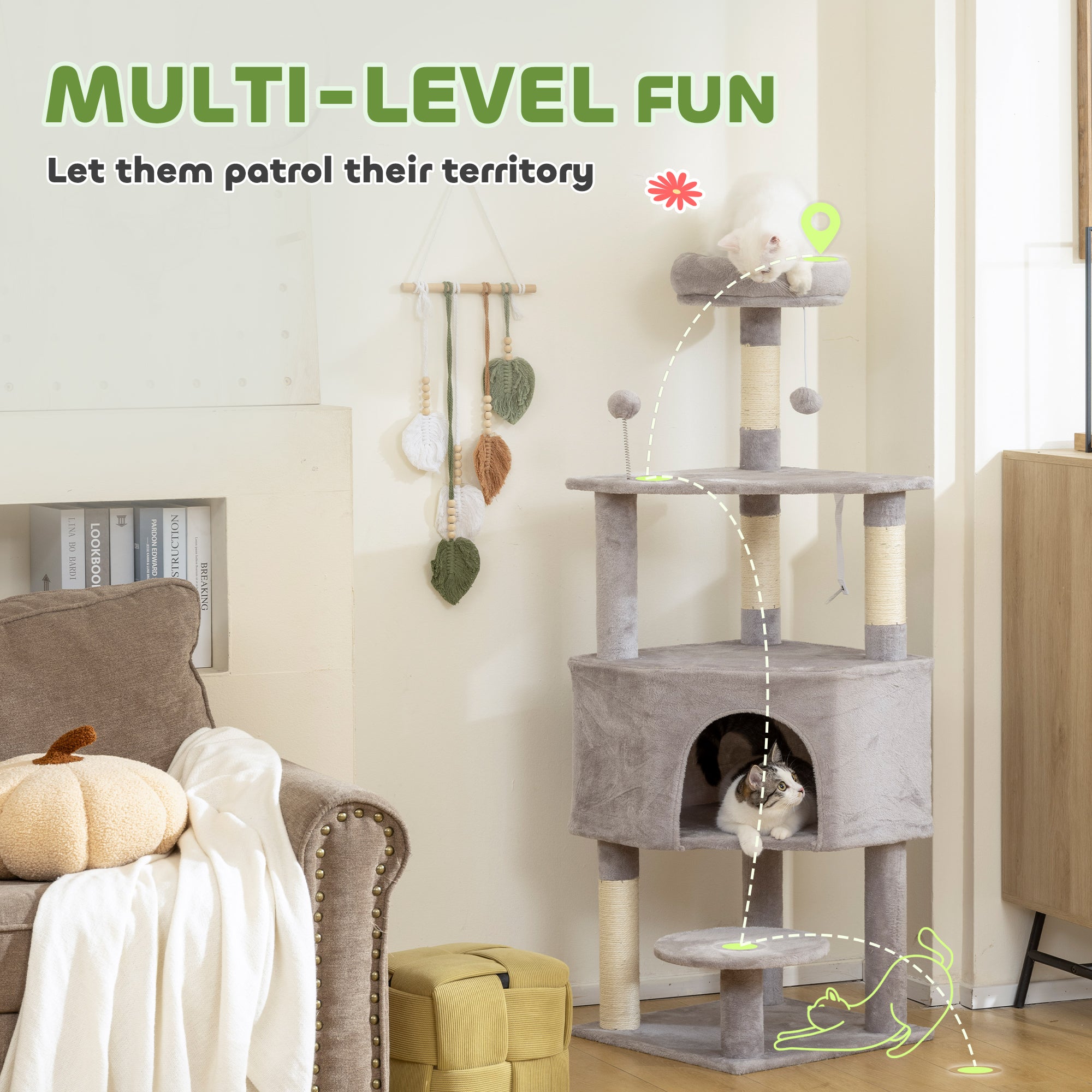 54 Inch Cat Tree, Cat Tower for Indoor Kittens with Large Cozy Condo, Plush Top Perch, Sisal Scratching Posts, Dangling Toy Ball, Light Grey