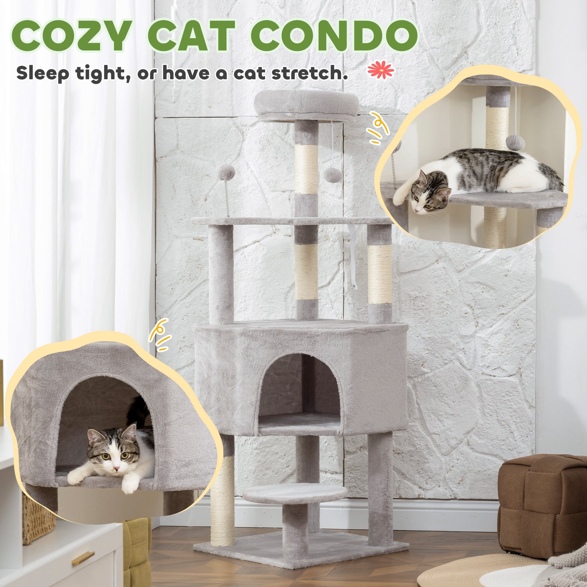 54 Inch Cat Tree, Cat Tower for Indoor Kittens with Large Cozy Condo, Plush Top Perch, Sisal Scratching Posts, Dangling Toy Ball, Light Grey