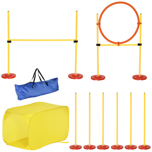 4PCs Portable Pet Agility Training Obstacle Set for Dogs w/ Adjustable Weave Pole, Jumping Ring, Adjustable High Jump, Tunnel and Carrying Bag