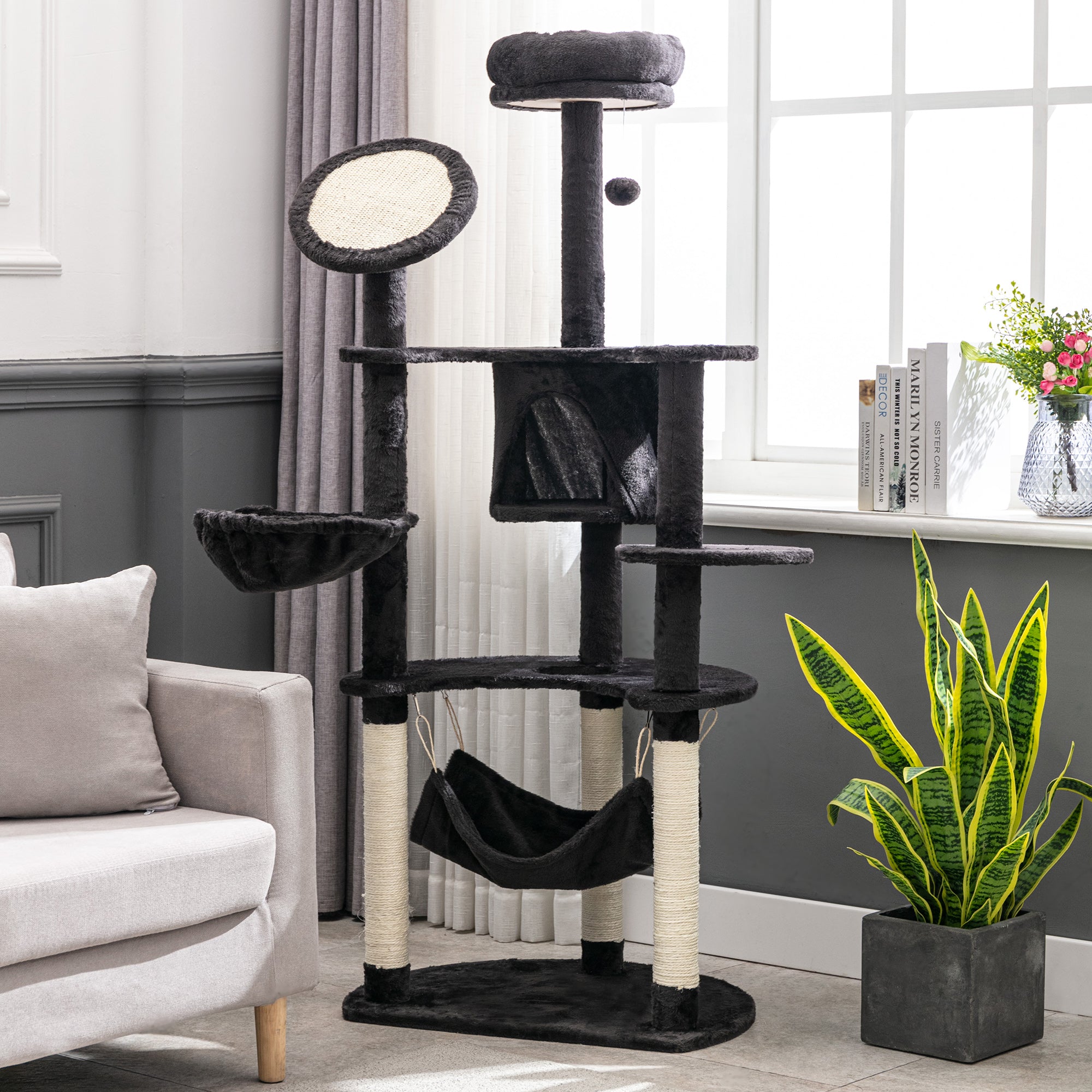 60 Inch Cat Tree for Large Cats Adult, Tall Cat Tower with Scratching Posts and 2 Hammocks, Multi-Level Plush Kitten Condo for Indoor Cats with Dangling Balls, Dark Grey