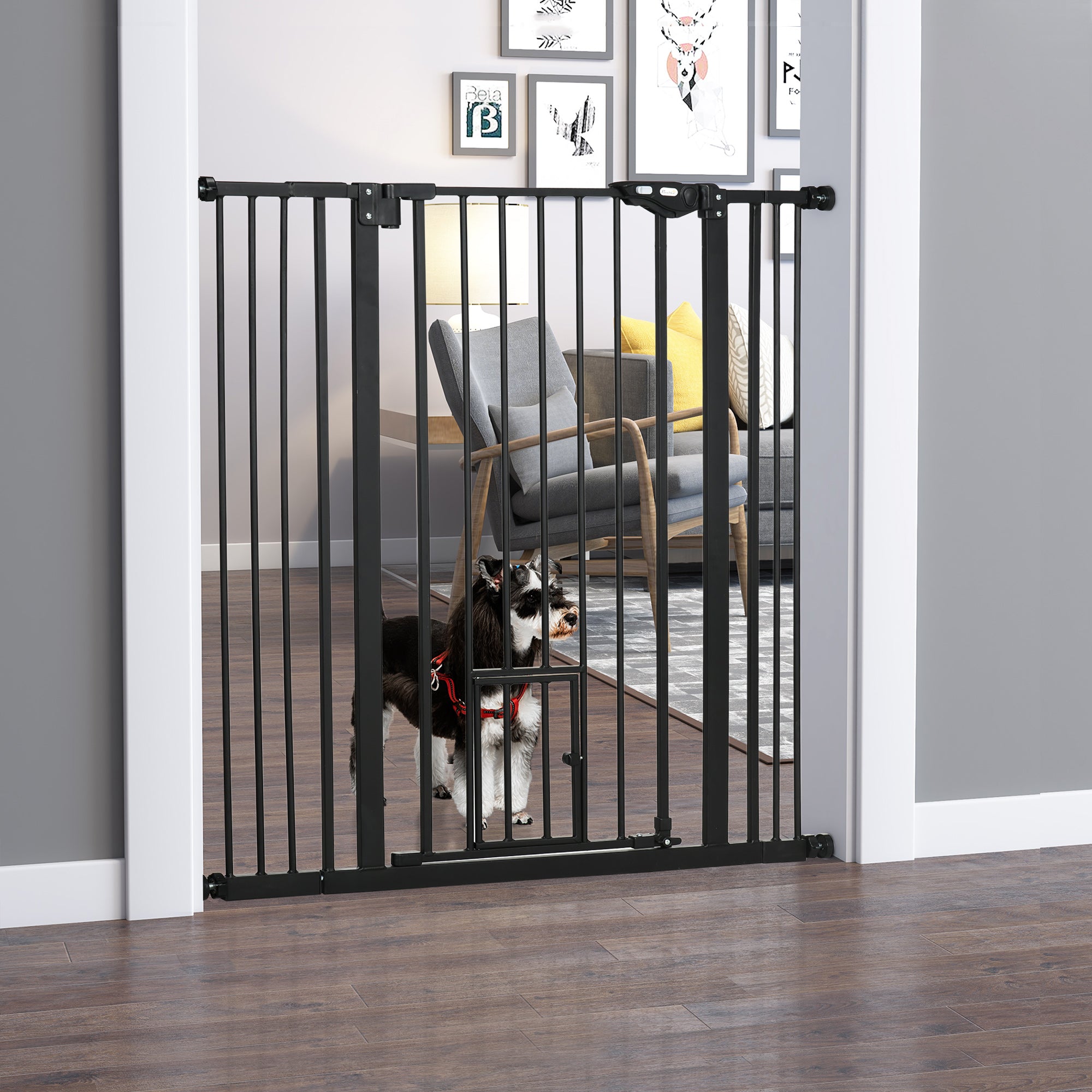 41"H Dog Gate with Cat Door, Pet Gate with Small Door, Easy Open Indoor Dog Gates for Doorways, House, Stair, 29"-40" Long, Black