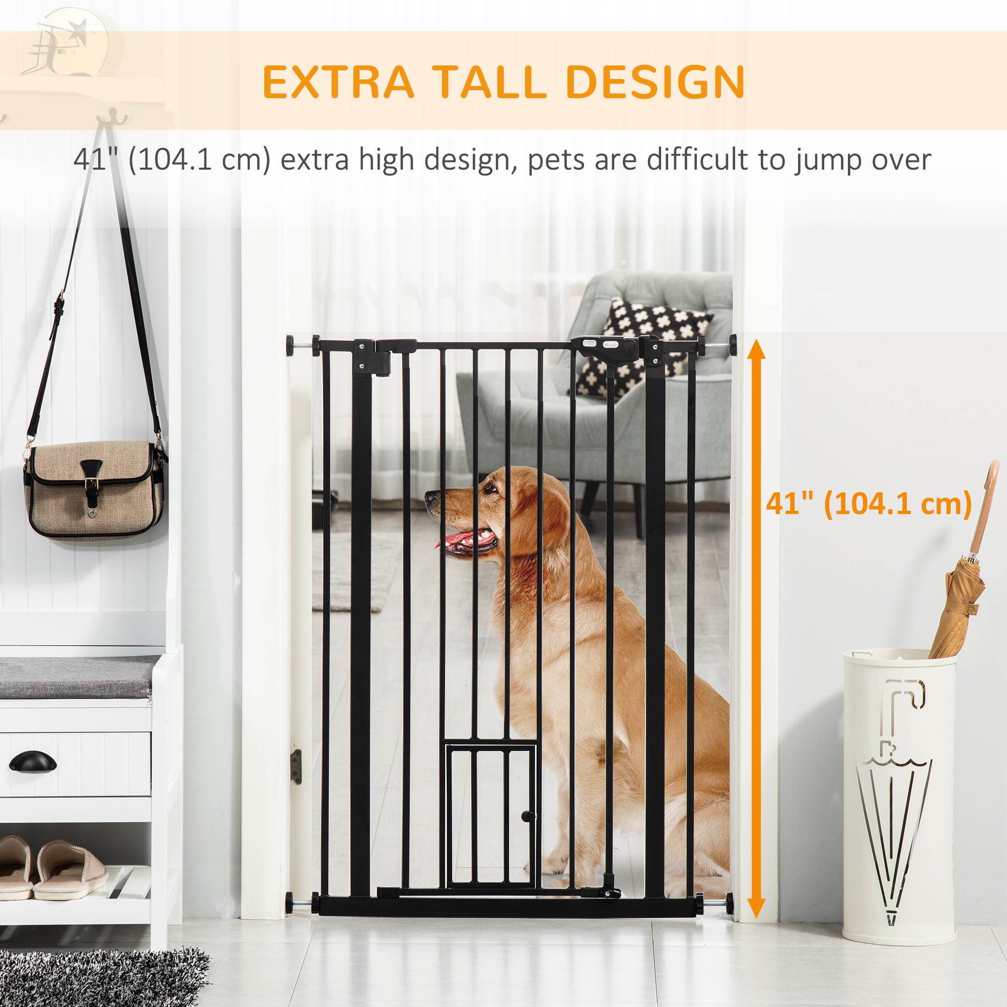 41"H Dog Gate with Cat Door, Pet Gate with Small Door, Easy Open Indoor Dog Gates for Doorways, House, Stair, 29"-40" Long, Black