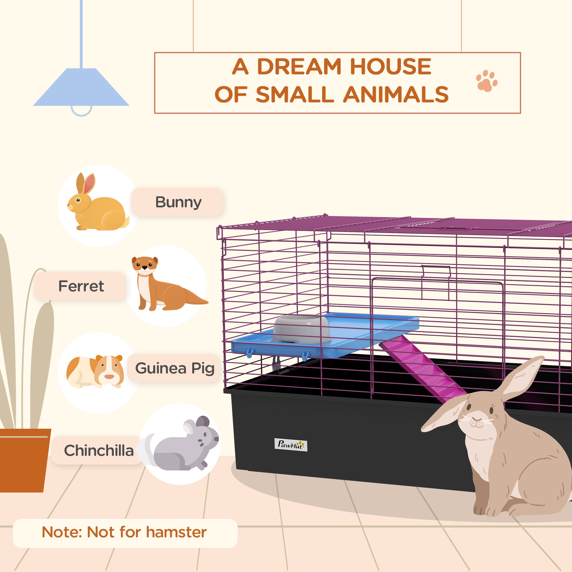 Guinea Pig Cage Chinchillas Rabbit Small Animal Cage with Ramp, Dish, Water Bottle, 99 x 52 x 53cm, Black