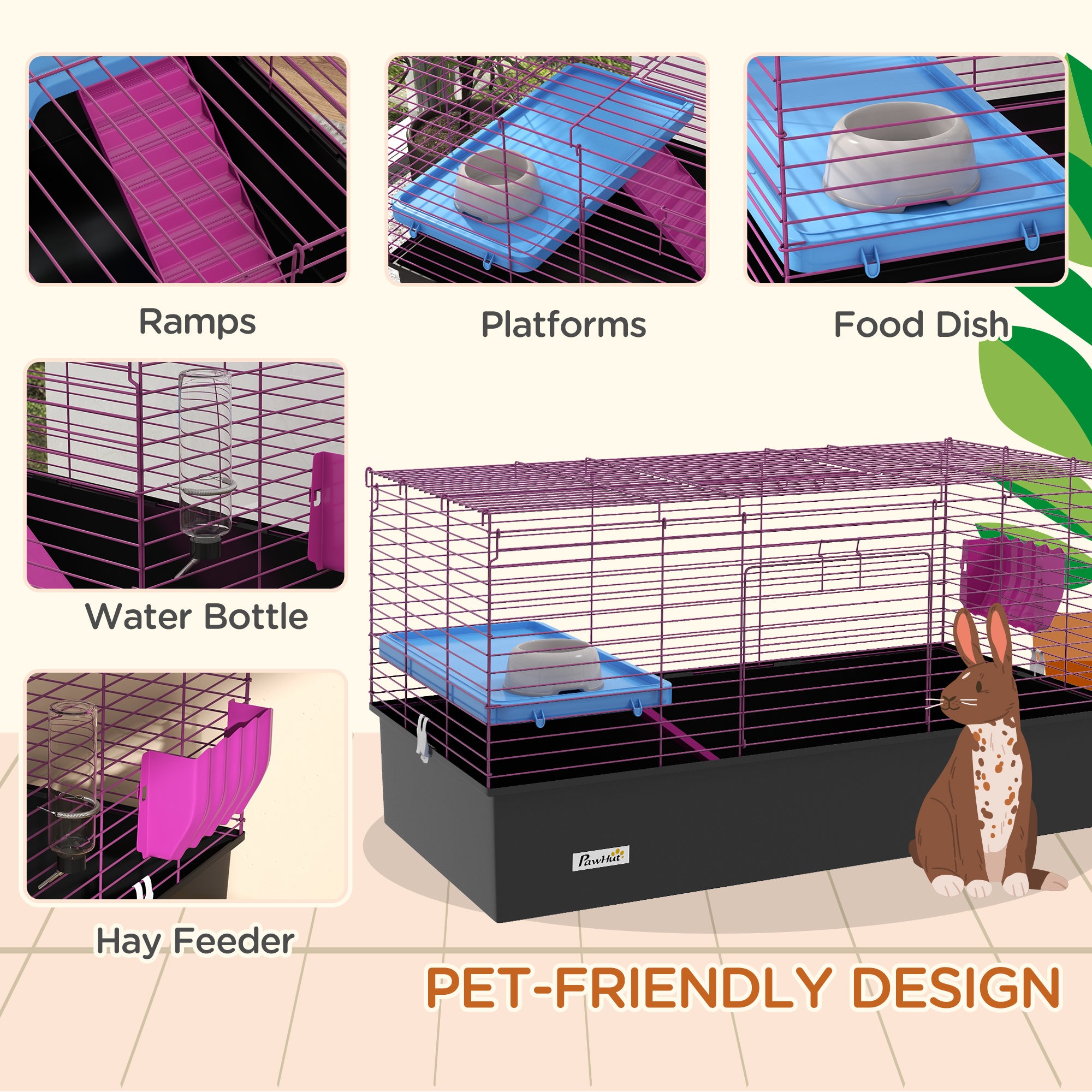 Guinea Pig Cage Chinchillas Rabbit Small Animal Cage with Ramp, Dish, Water Bottle, 99 x 52 x 53cm, Black
