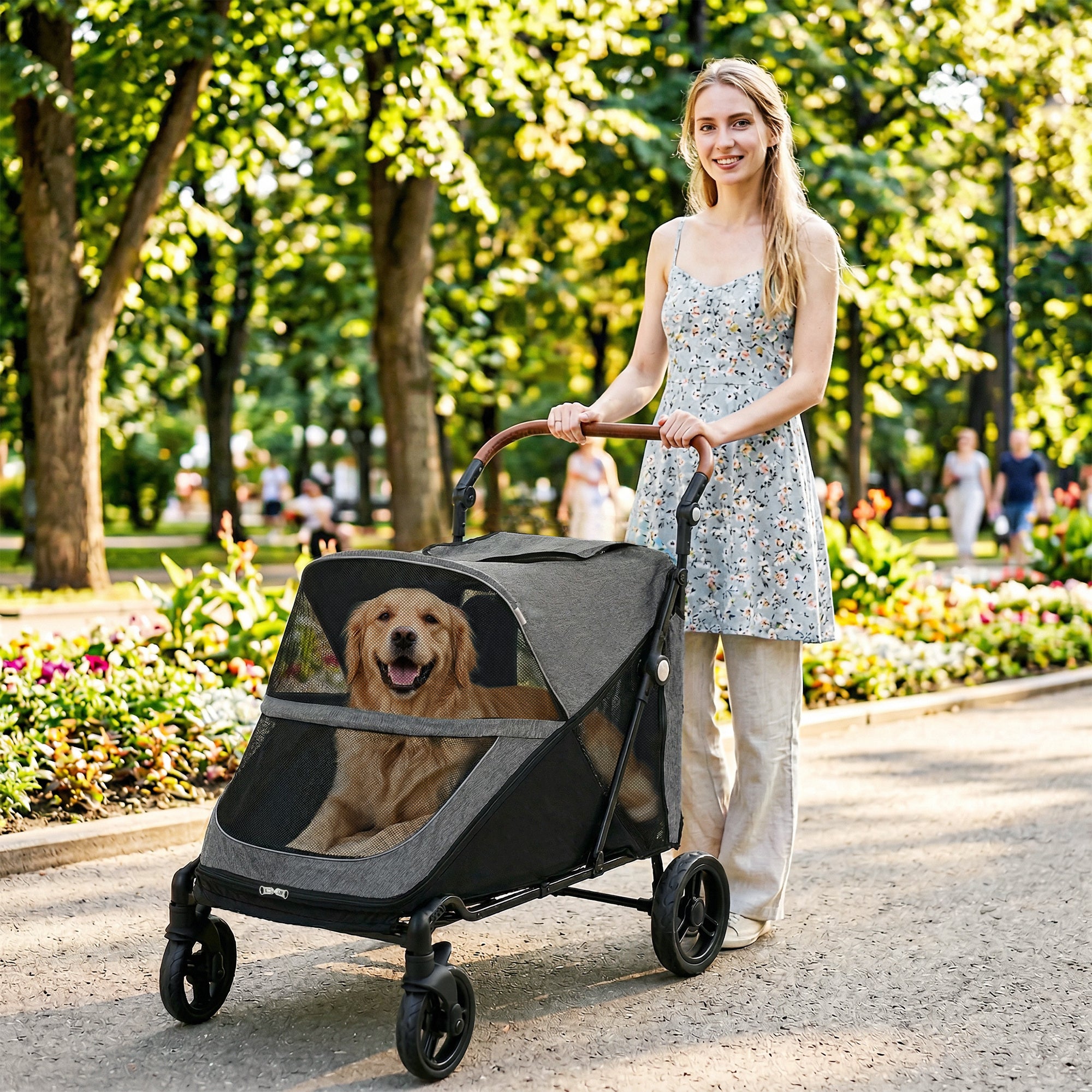 Dog Stroller for Large Dogs, One-Click Folding 4 Wheel Large Pet Stroller Wagon for Multiple Pets, All Terrain Spring Suspension w/ 8-Position Adjustable Handle, Mesh Window, Up to 88 LBS, Gray