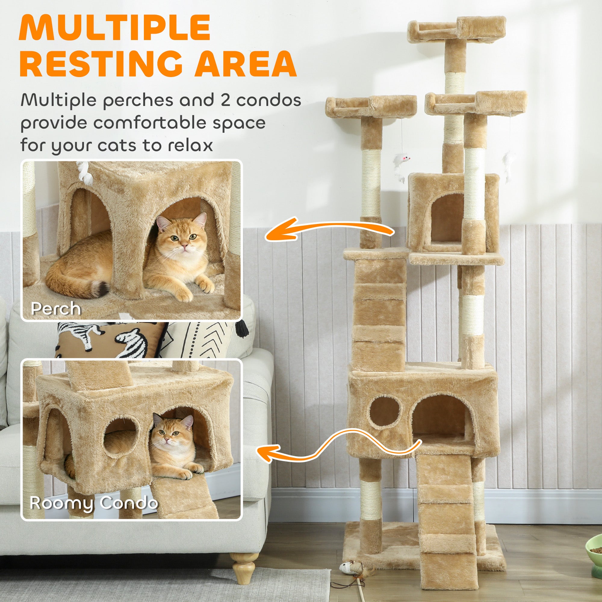 68 inches Cat Tree, Multi-Level Large Cat Tower Condo with Scratching Posts, Perches, Cat Houses, Dangling Toy, Light Brown