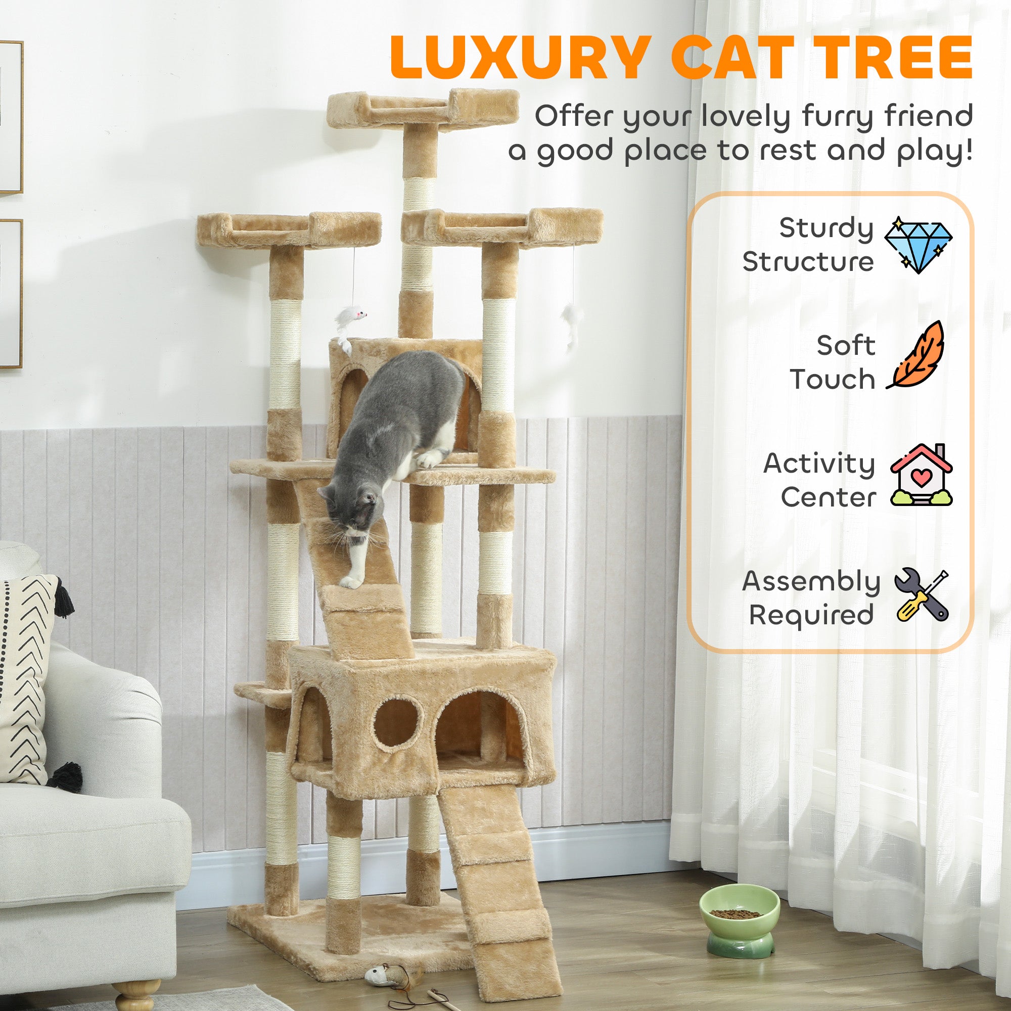 68 inches Cat Tree, Multi-Level Large Cat Tower Condo with Scratching Posts, Perches, Cat Houses, Dangling Toy, Light Brown