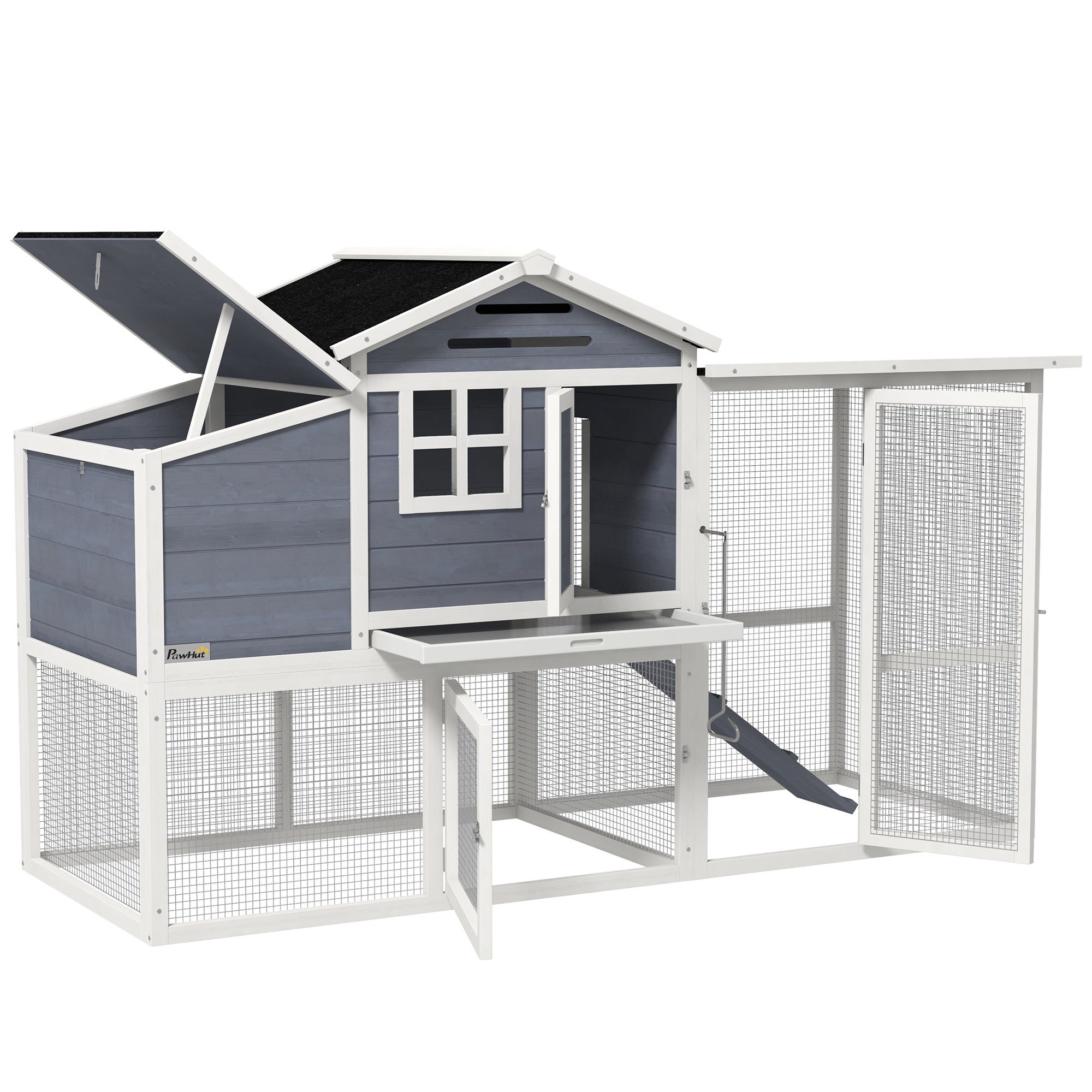 76" Wooden Chicken Coop, Outdoor Hen House Poultry Duck Goose Cage with Outdoor Run, Nesting Box, Removable Tray and Lockable Doors, Grey
