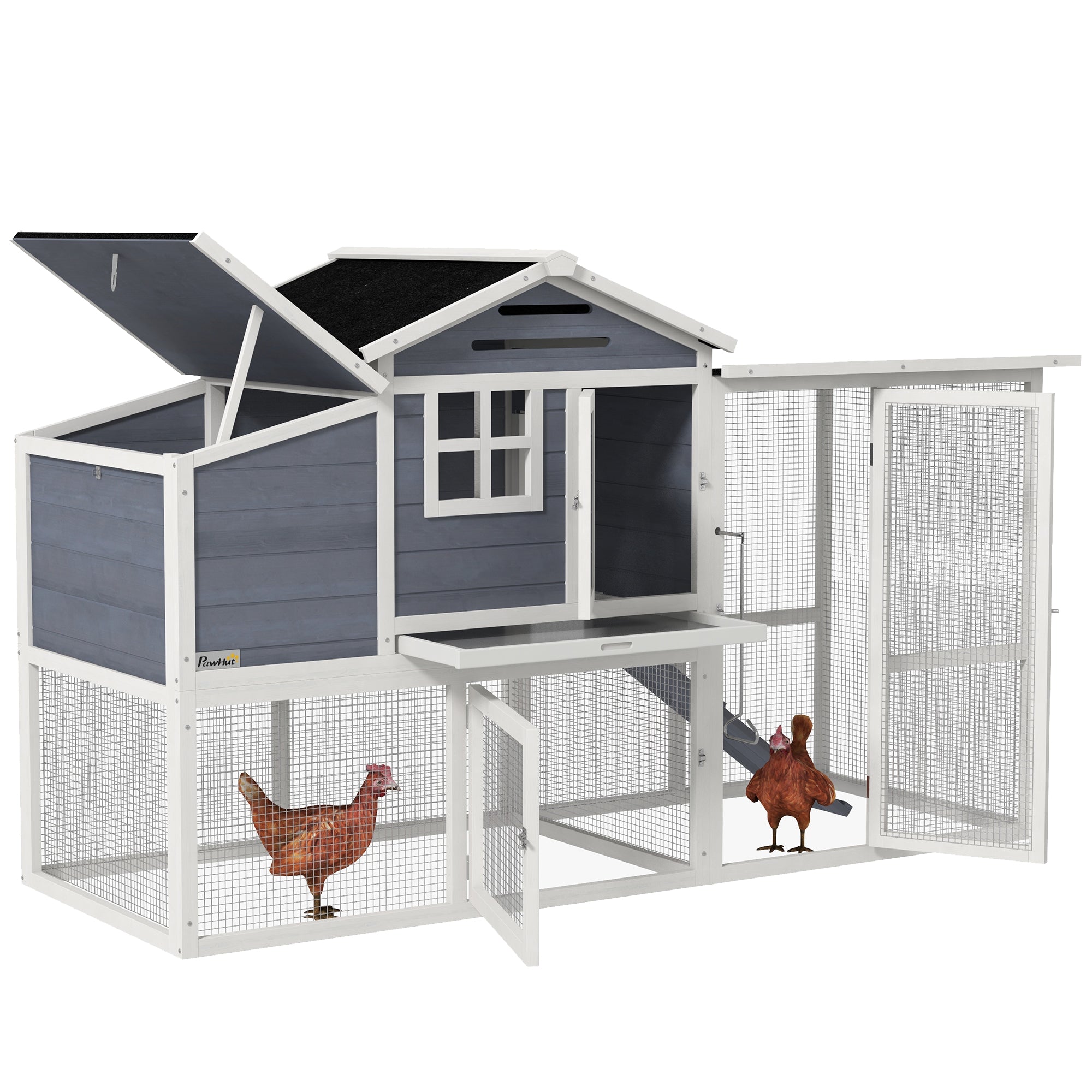 76" Wooden Chicken Coop, Outdoor Hen House Poultry Duck Goose Cage with Outdoor Run, Nesting Box, Removable Tray and Lockable Doors, Grey