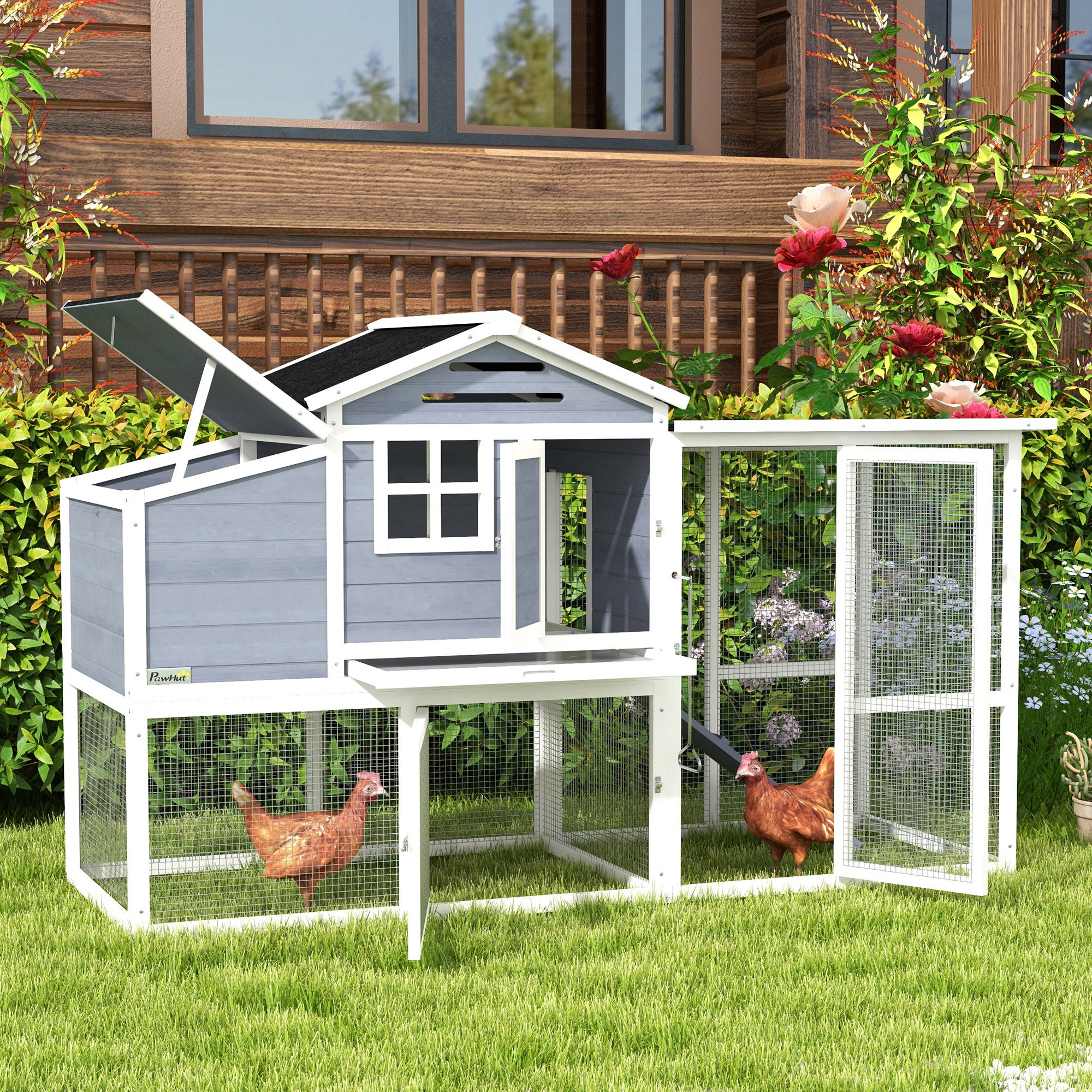 76" Wooden Chicken Coop, Outdoor Hen House Poultry Duck Goose Cage with Outdoor Run, Nesting Box, Removable Tray and Lockable Doors, Grey
