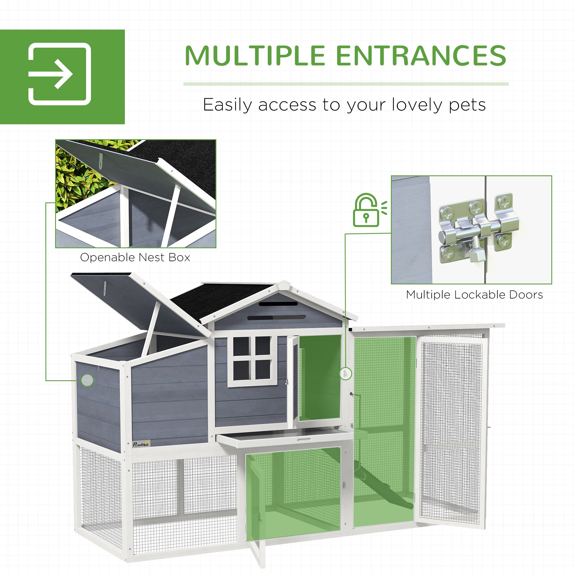 76" Wooden Chicken Coop, Outdoor Hen House Poultry Duck Goose Cage with Outdoor Run, Nesting Box, Removable Tray and Lockable Doors, Grey