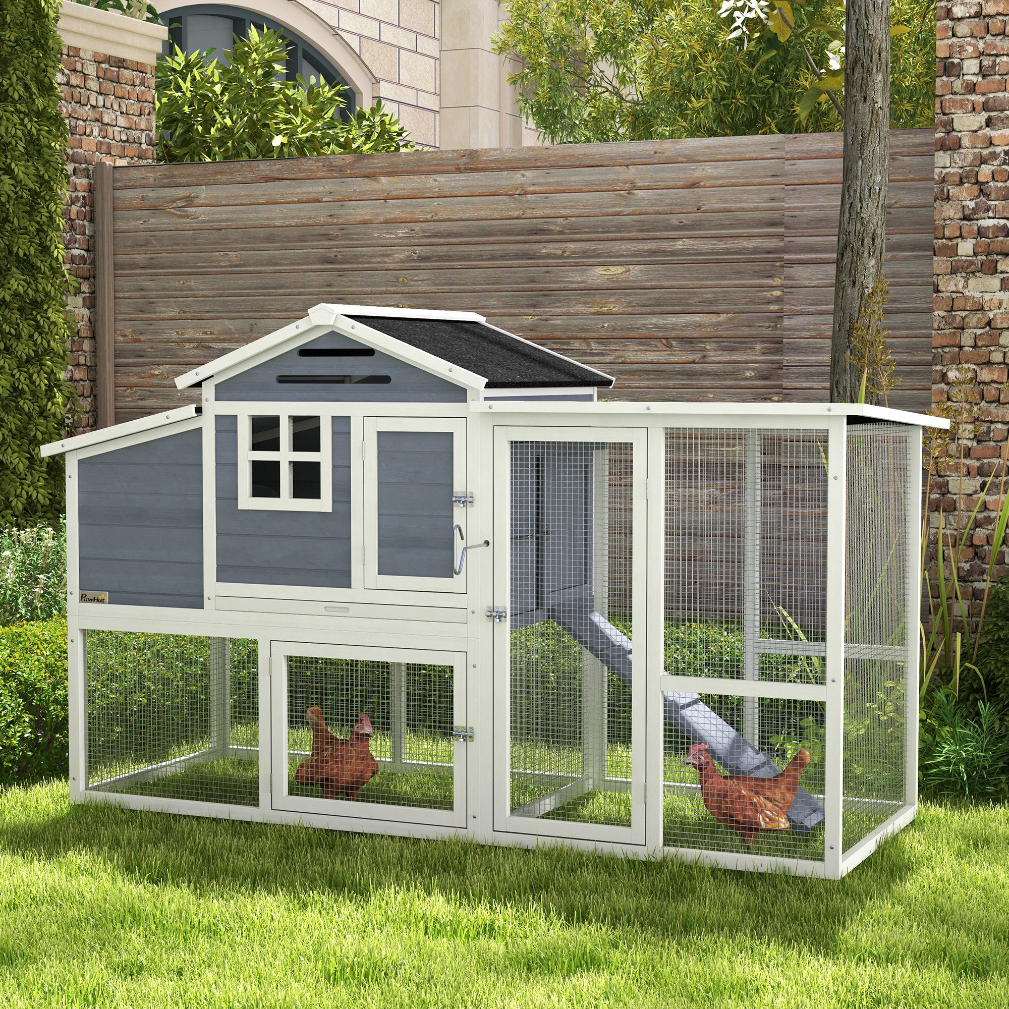 76" Wooden Chicken Coop, Outdoor Hen House Poultry Duck Goose Cage with Outdoor Run, Nesting Box, Removable Tray and Lockable Doors, Grey