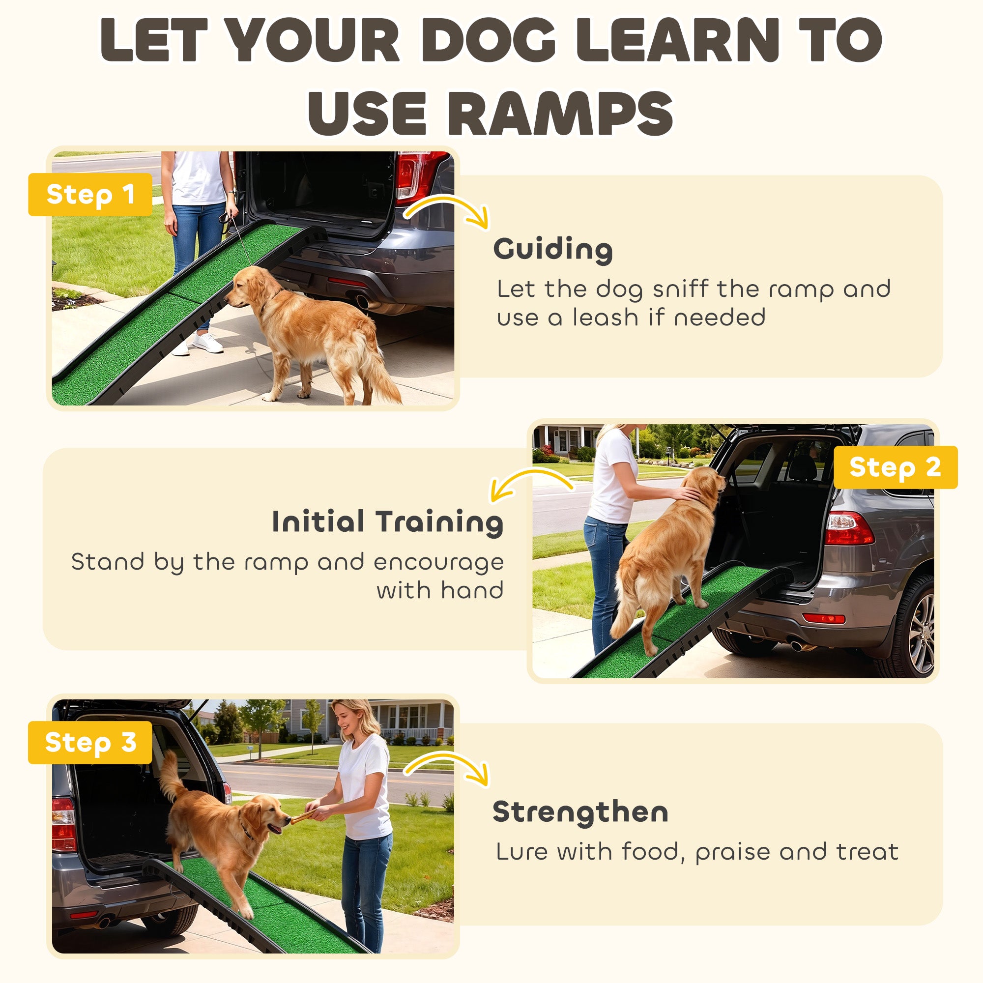 Folding Dog Ramp for Car, Truck, SUV, 61 Inches Portable Pet Ramp with Grass Surface, Non Slip with Raised Side Rails