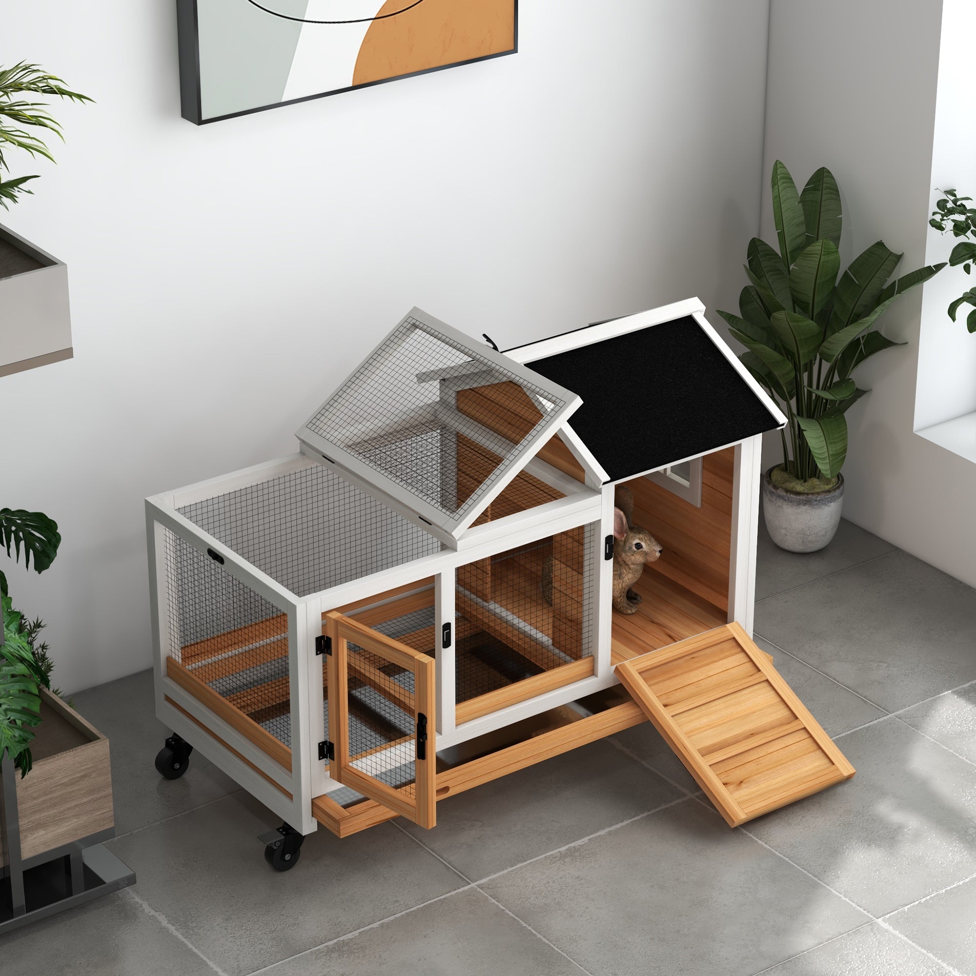 Indoor Rabbit Hutch with Wheels, Bunny Cage with Ramp, Run, Pull Out Tray, Suitable for Rabbit, Guinea Pig, Yellow