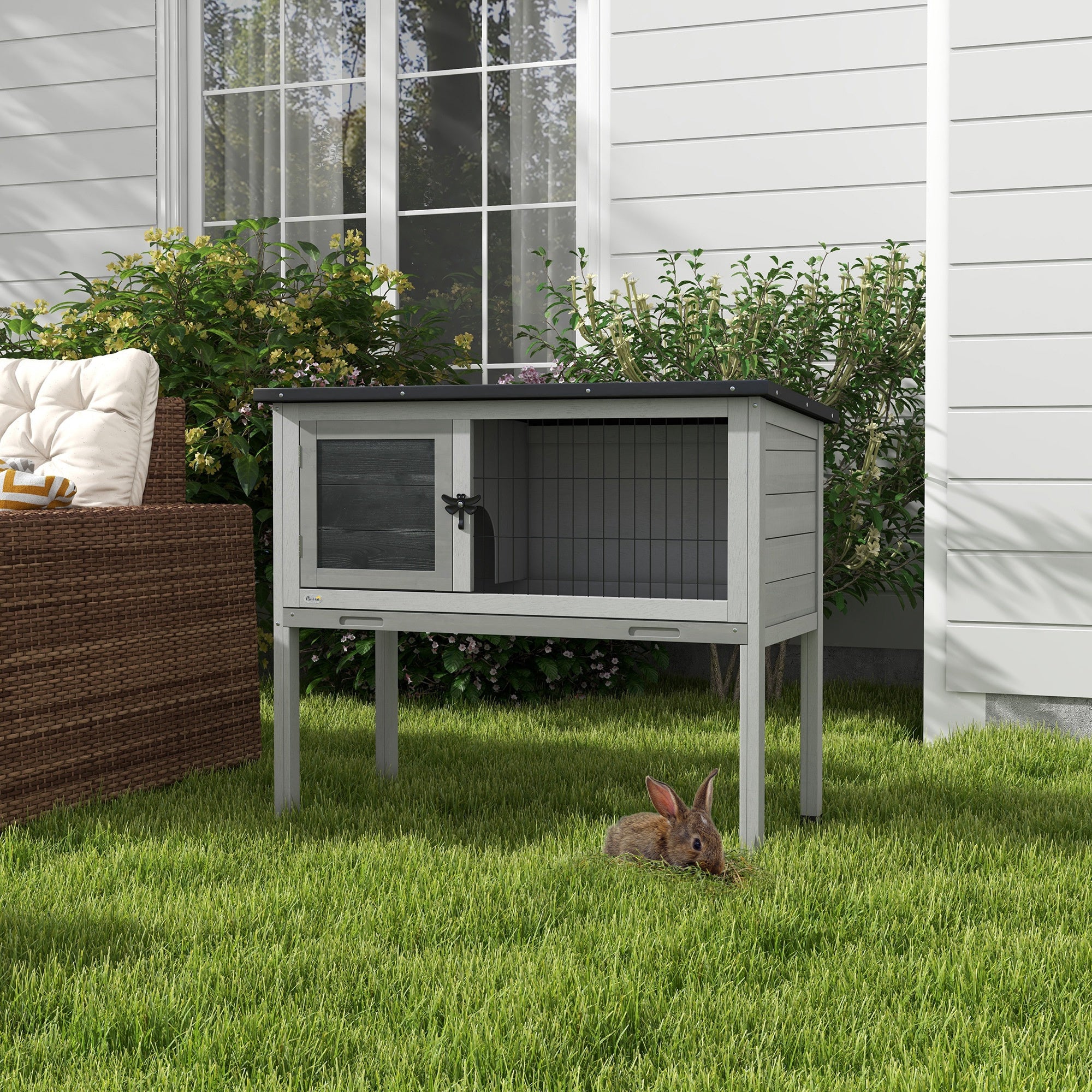 Wooden Rabbit Hutch Bunny Small Animal House with Openable Asphalt Roof, Slide-out Tray, Indoor/Outdoor, Grey
