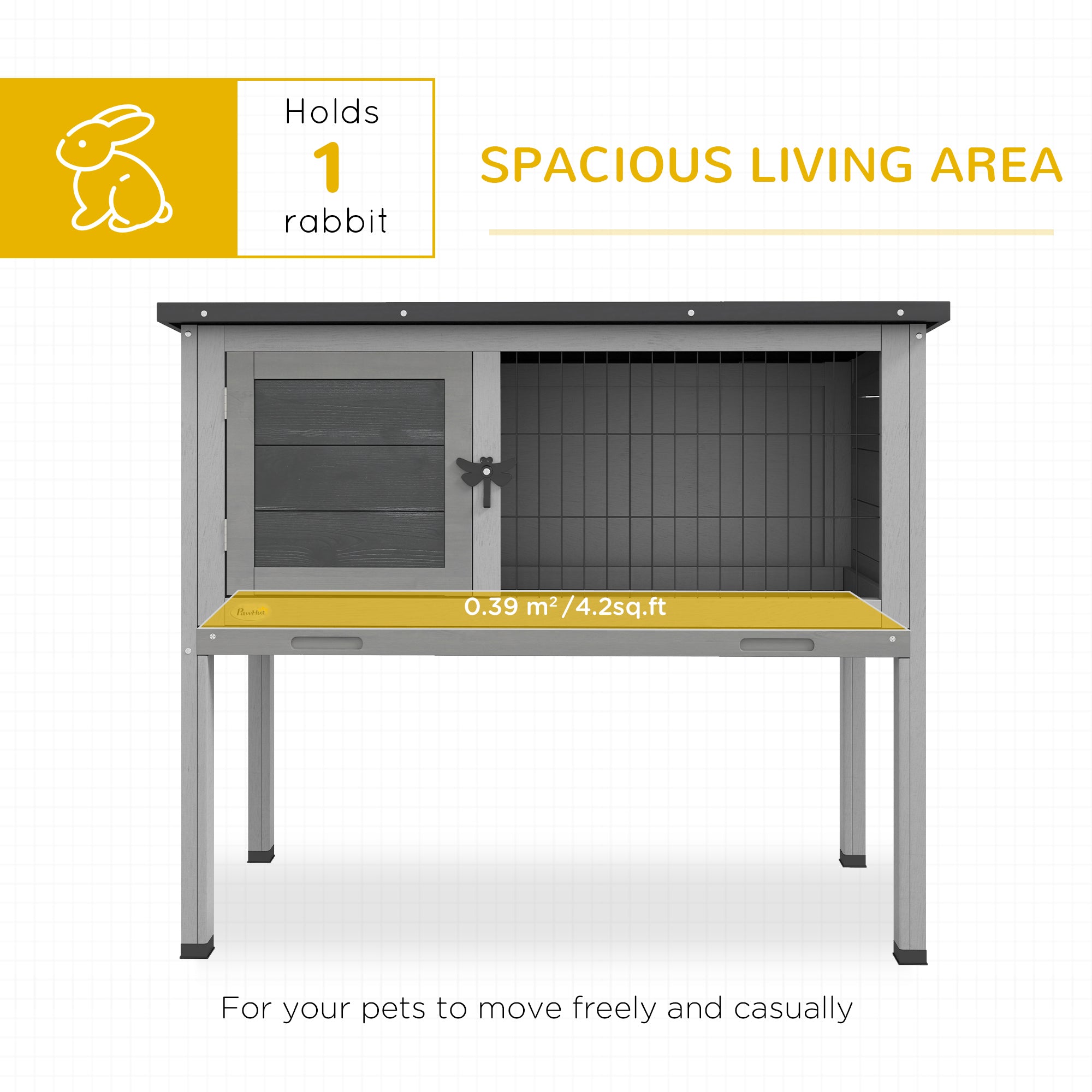 Wooden Rabbit Hutch Bunny Small Animal House with Openable Asphalt Roof, Slide-out Tray, Indoor/Outdoor, Grey