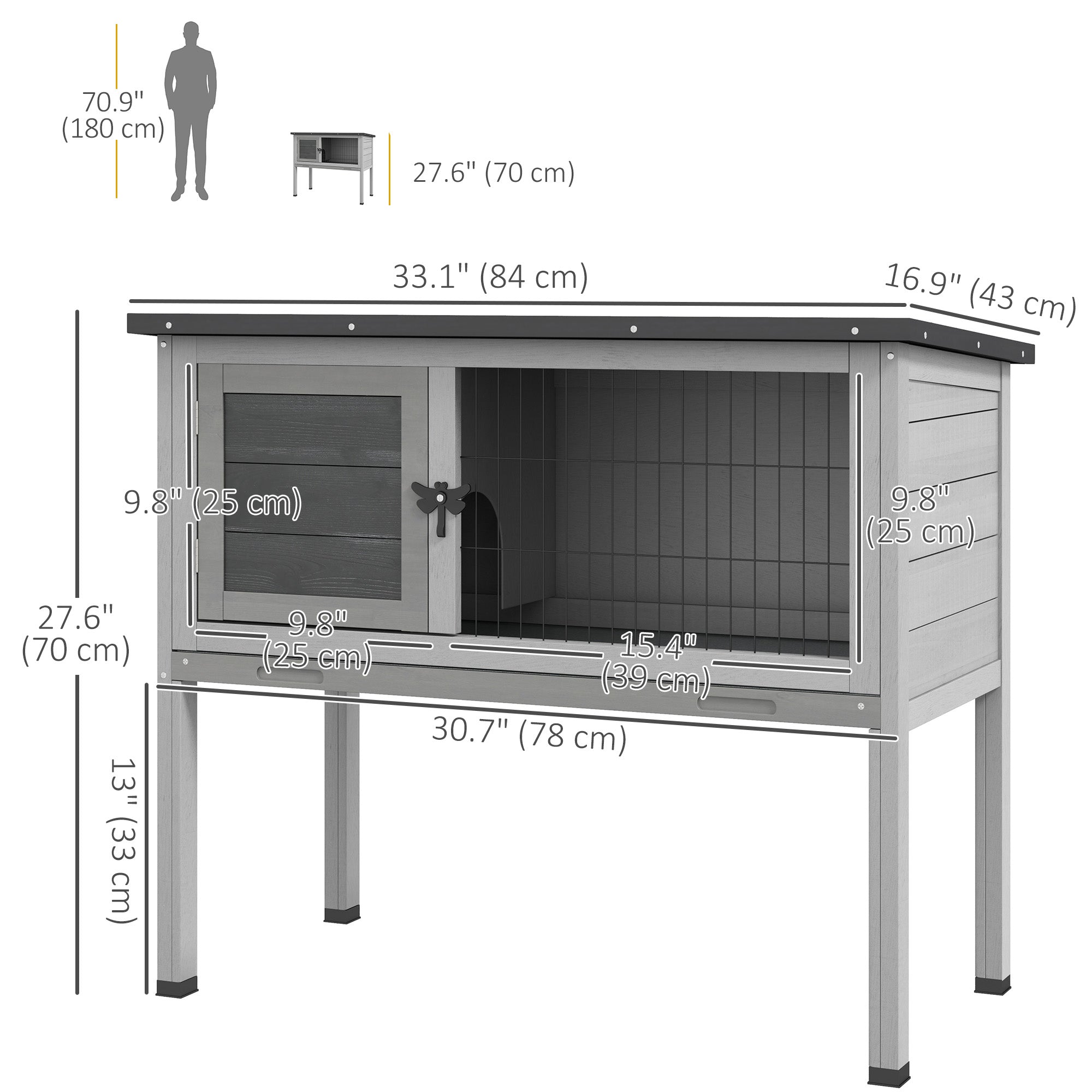 Wooden Rabbit Hutch Bunny Small Animal House with Openable Asphalt Roof, Slide-out Tray, Indoor/Outdoor, Grey
