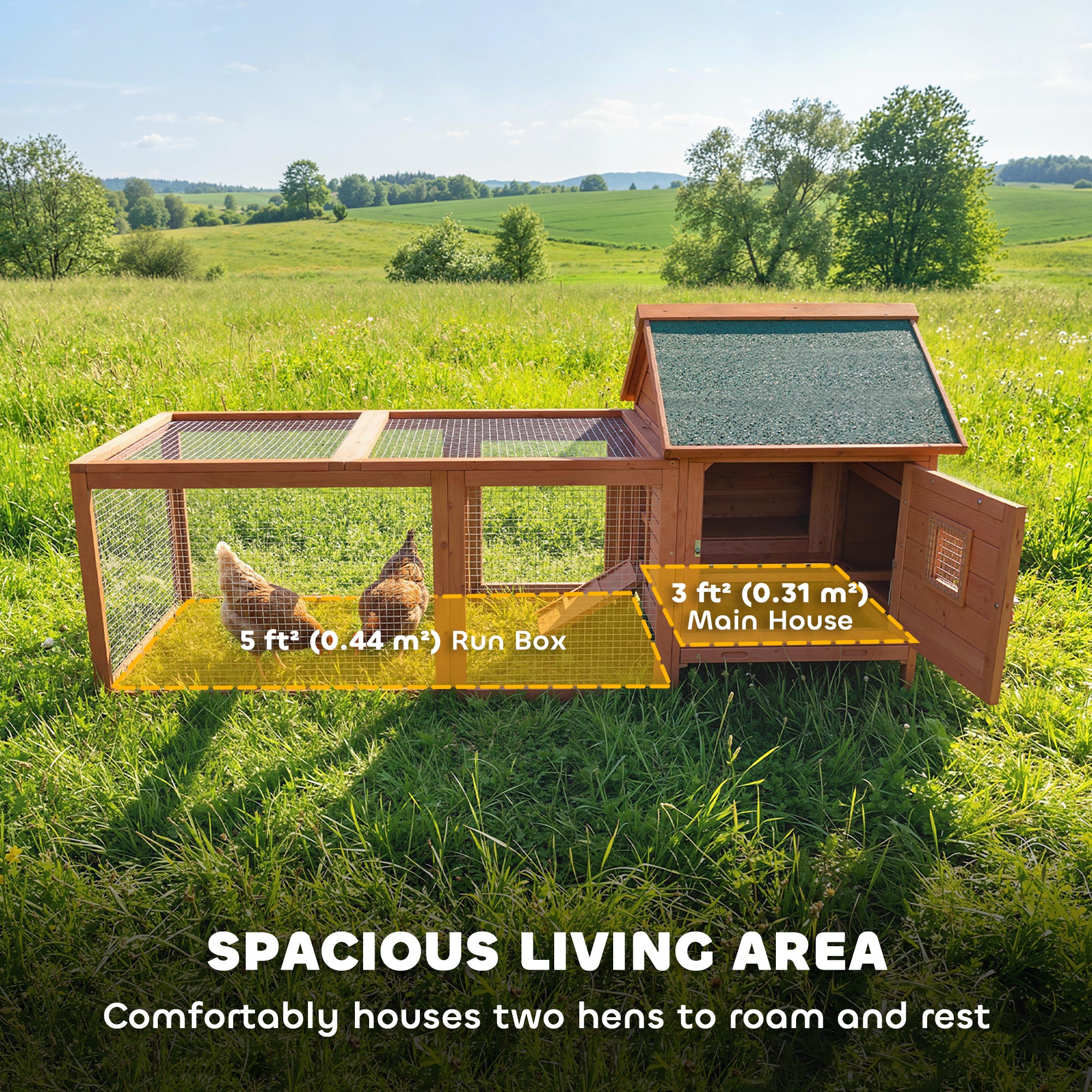 72" Chicken Coop, Wooden Hen House for 2 Chickens, Poultry Cage with Run, Nesting Box, Removable Tray, Waterproof Roof, Ramp, Perch,Duck House Rabbit Hutch, Orange