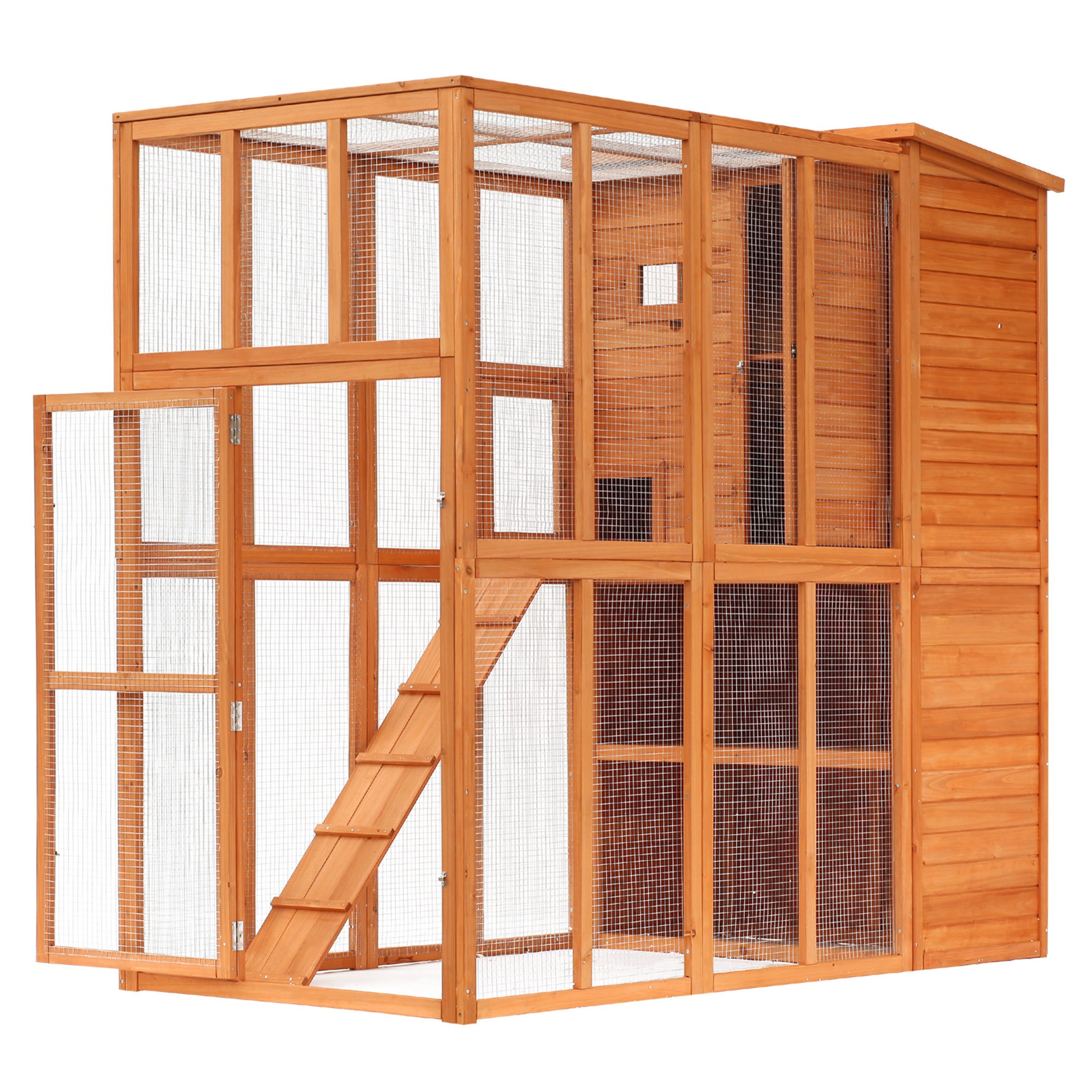 Large Catio Outdoor Cat Enclosure Weatherproof Cat House with Cat Condo, Indoor Wooden Cat Cage Pet Kennel, 77"L x 38"W x 69"H