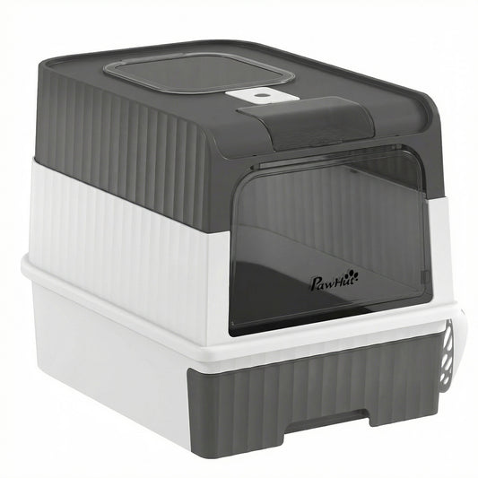Cat litter Box with Lid, Enclosed Cat Litter Box with Pull-Out Drawer Tray, Scoop, 4 Deodorisation Bags, Front Entry & Top Exit, Privacy, Odour Control and Easy to Clean, Grey