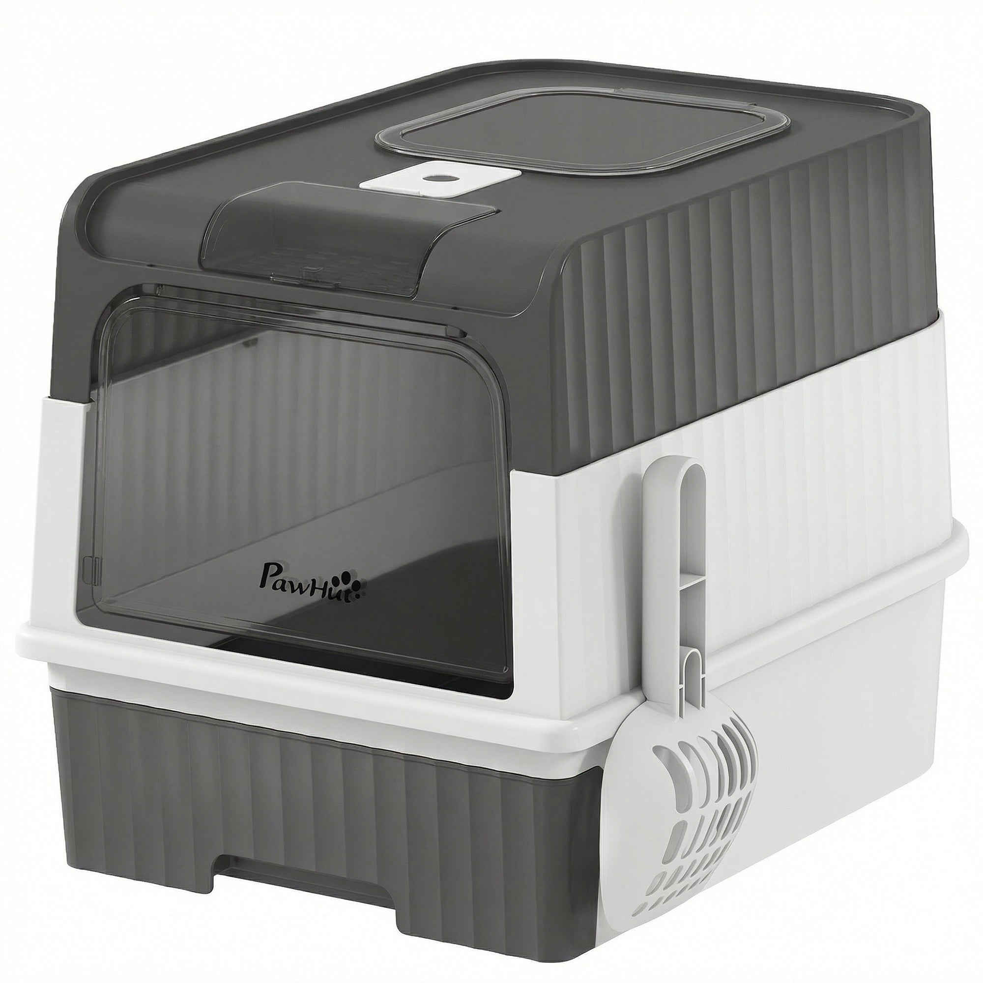 Cat litter Box with Lid, Enclosed Cat Litter Box with Pull-Out Drawer Tray, Scoop, 4 Deodorisation Bags, Front Entry & Top Exit, Privacy, Odour Control and Easy to Clean, Grey