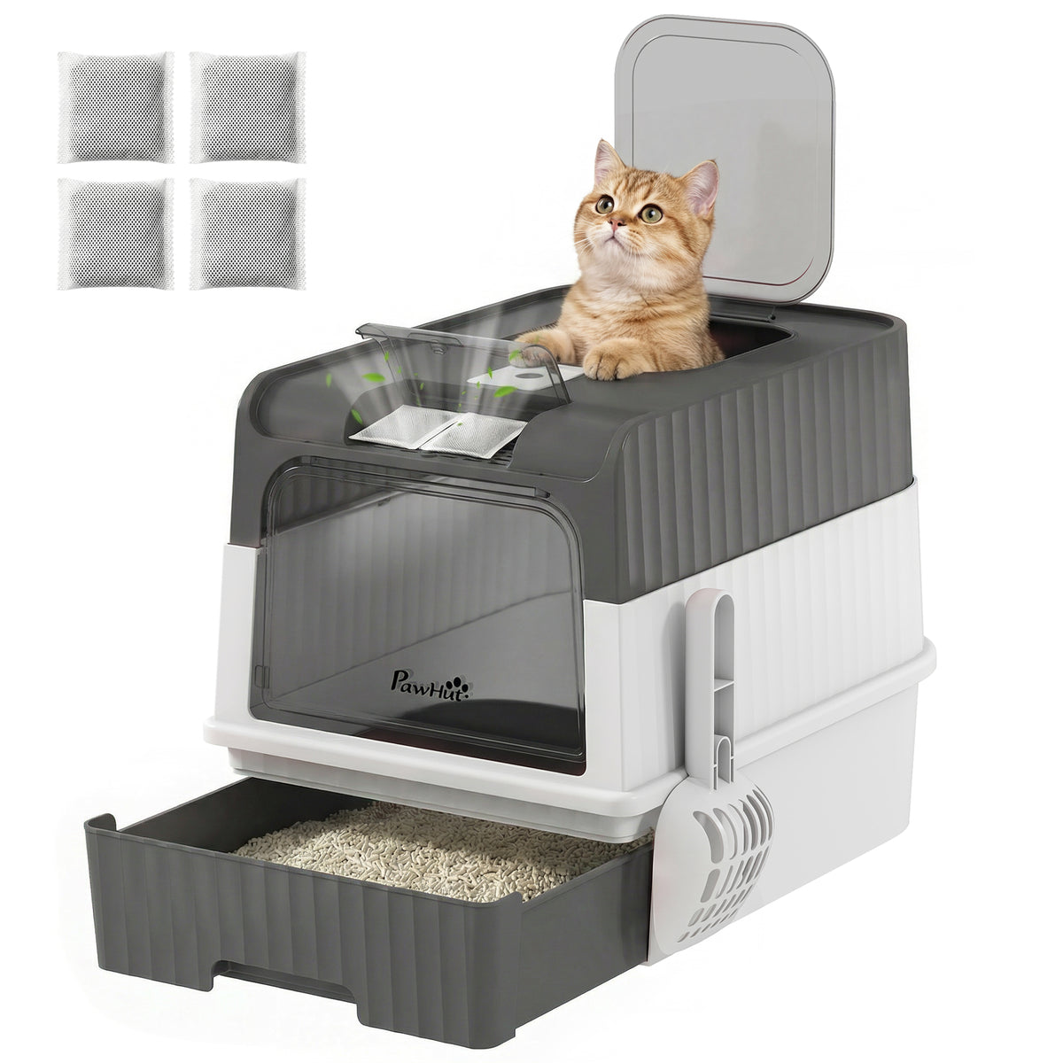 Cat litter Box with Lid, Enclosed Cat Litter Box with Pull-Out Drawer Tray, Scoop, 4 Deodorisation Bags, Front Entry & Top Exit, Privacy, Odour Control and Easy to Clean, Grey