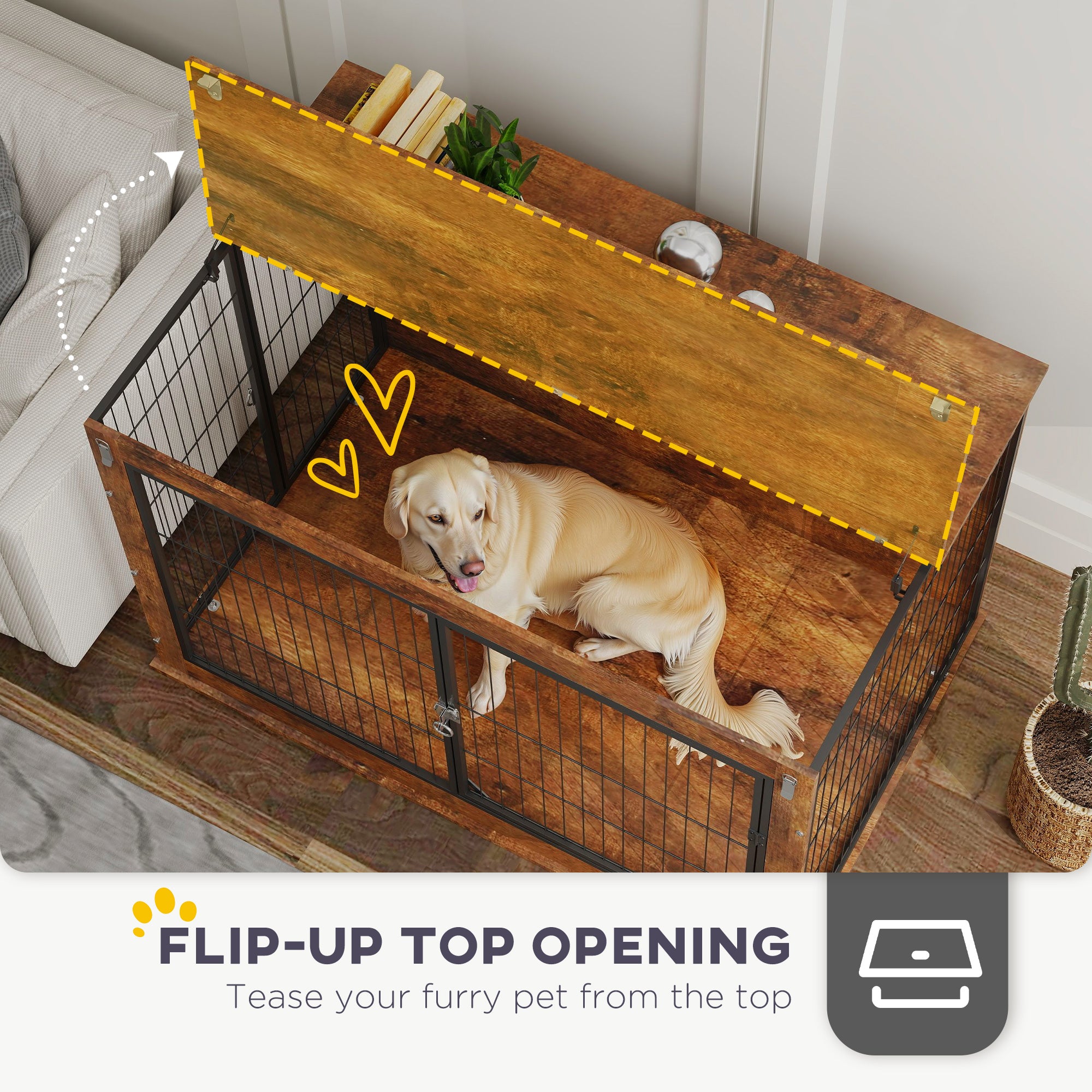 Dog Crate Furniture, Dog Cage End Table with Openable Top, Two Lockable Doors, for Extra Large Pets, 118 x 75 x 77cm, Rustic Brown