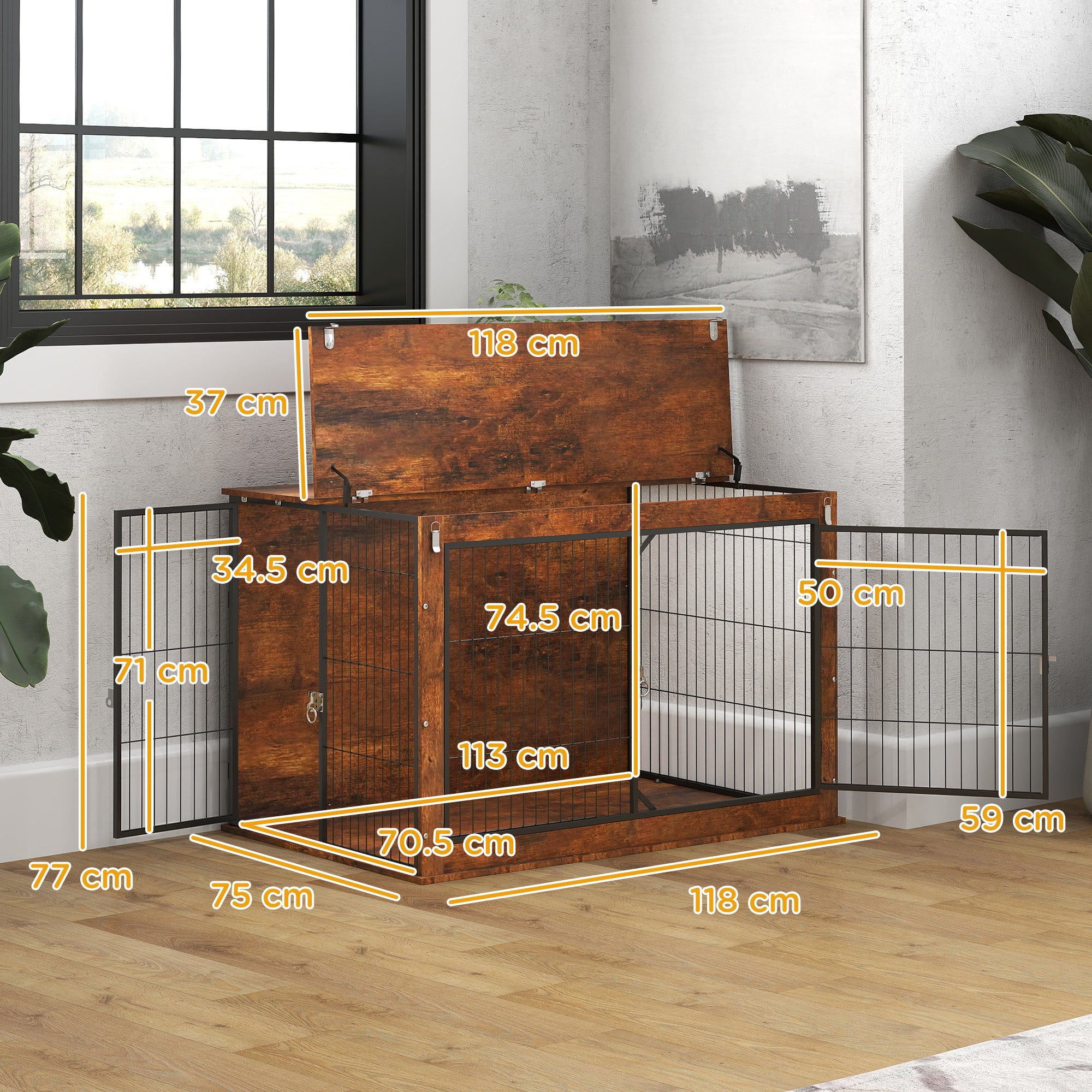 Dog Crate Furniture, Dog Cage End Table with Openable Top, Two Lockable Doors, for Extra Large Pets, 118 x 75 x 77cm, Rustic Brown