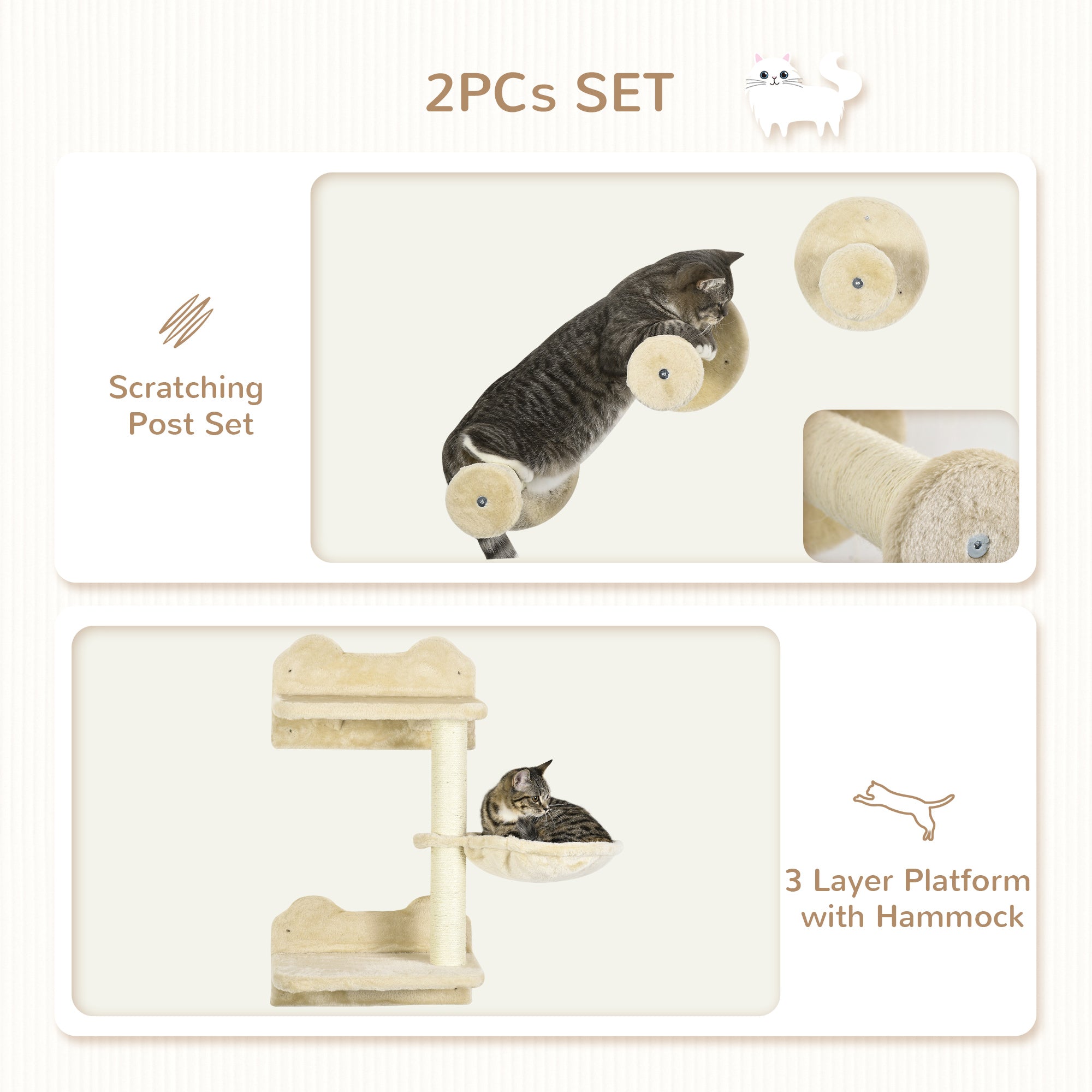 4 Piece Cat Shelves Cat Wall Furniture Wall-Mounted Cat Tree for Indoor Cat w/ Hammock, Steps, Platforms, Scratching Post - Beige