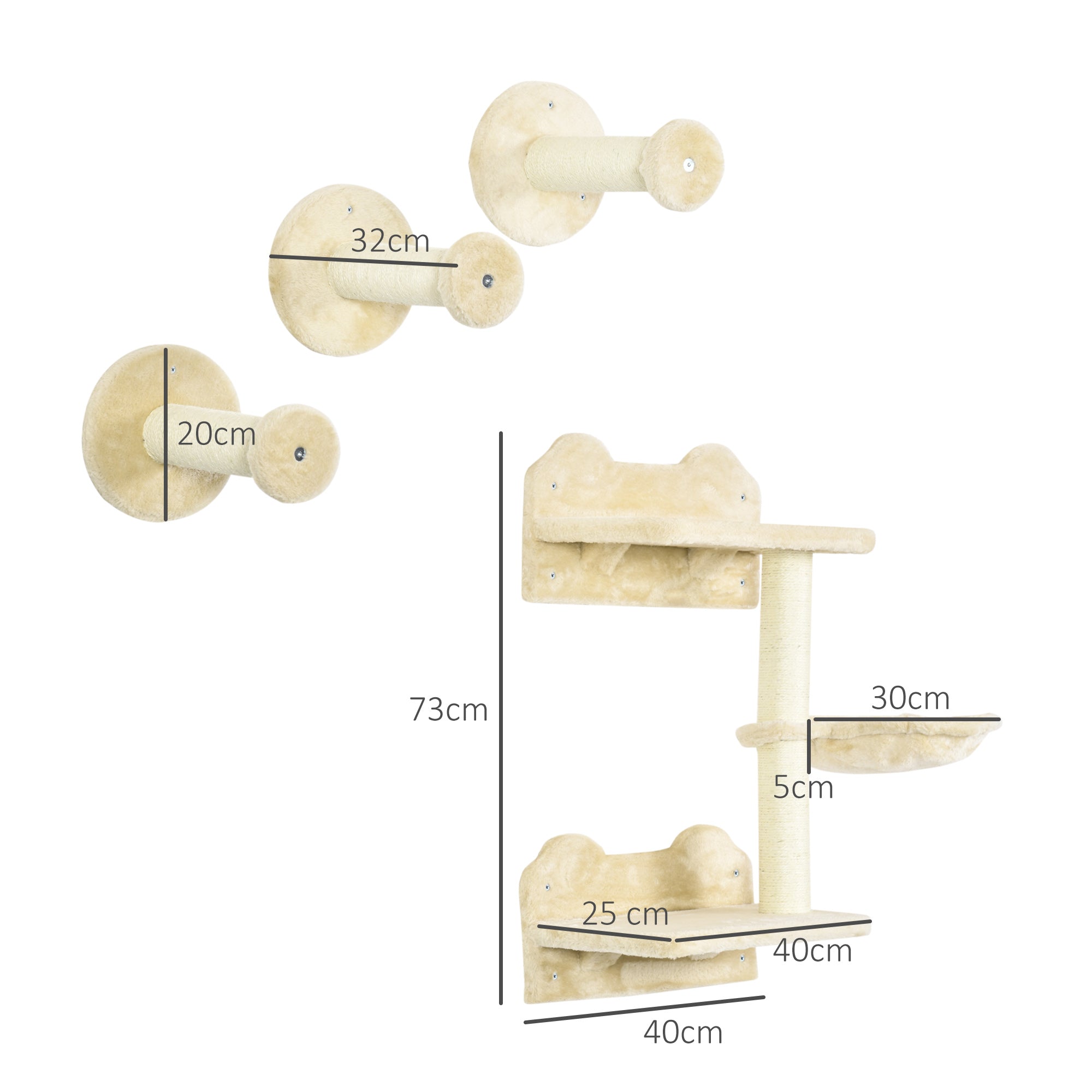4 Piece Cat Shelves Cat Wall Furniture Wall-Mounted Cat Tree for Indoor Cat w/ Hammock, Steps, Platforms, Scratching Post - Beige
