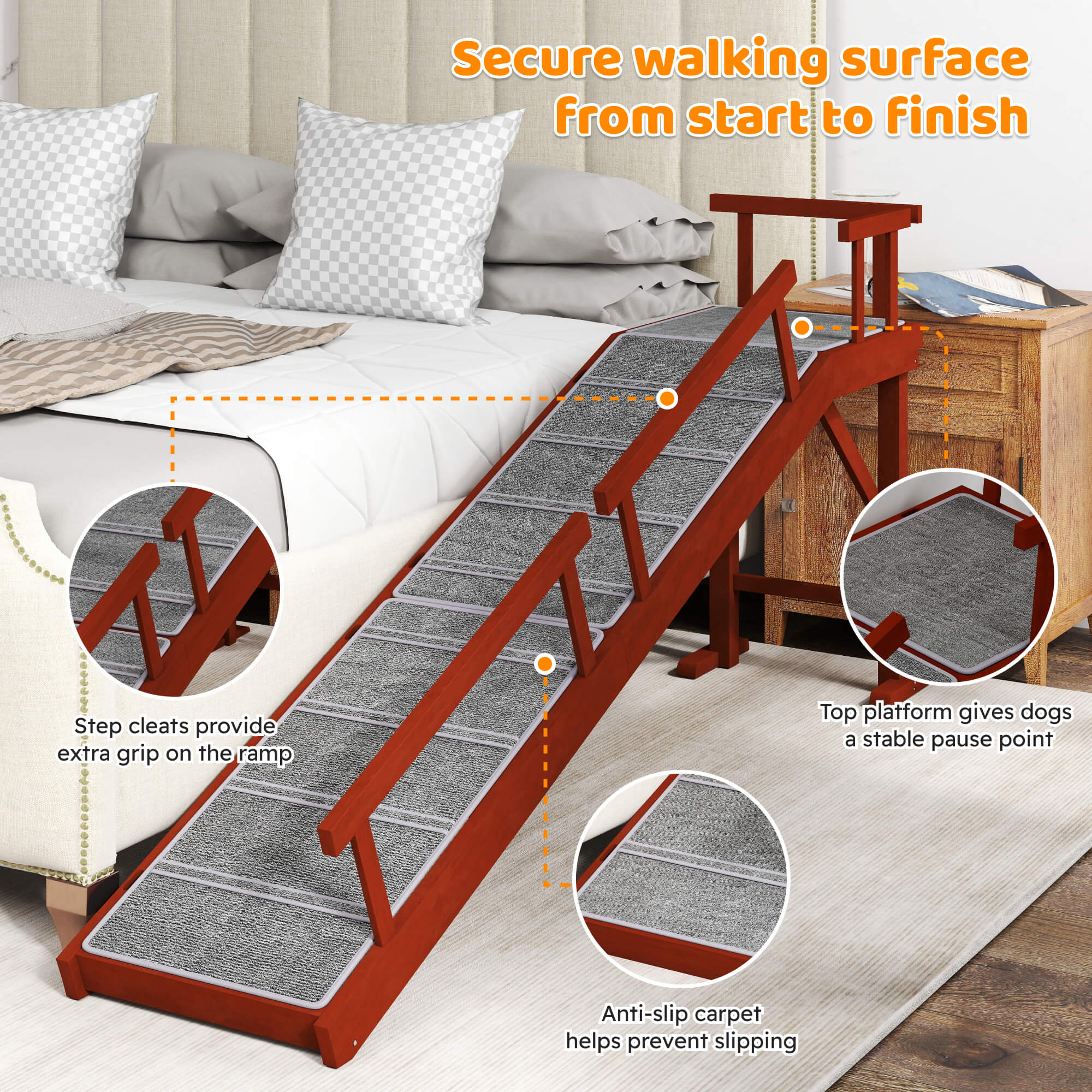 Wooden Dog Ramp, 73" Long Pet Ramp with Non-slip Rug & Removable Guardrails, Brown