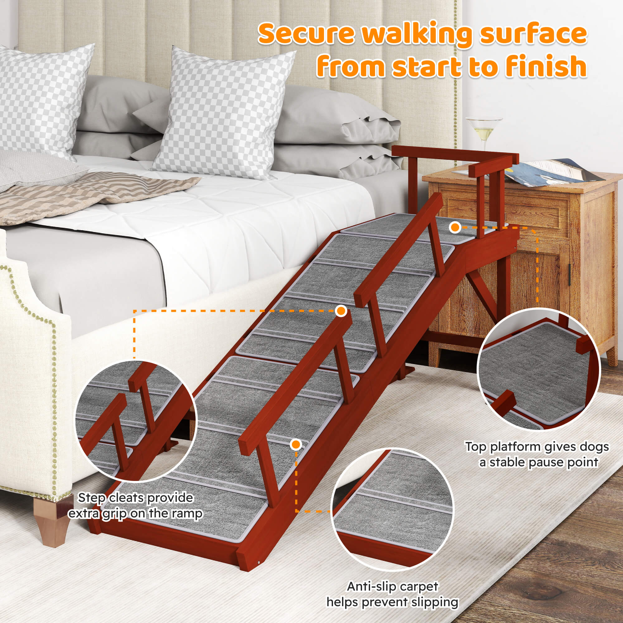 Wooden Dog Ramp, 60" Long Pet Ramp with Non-slip Rug & Removable Guardrails, Brown