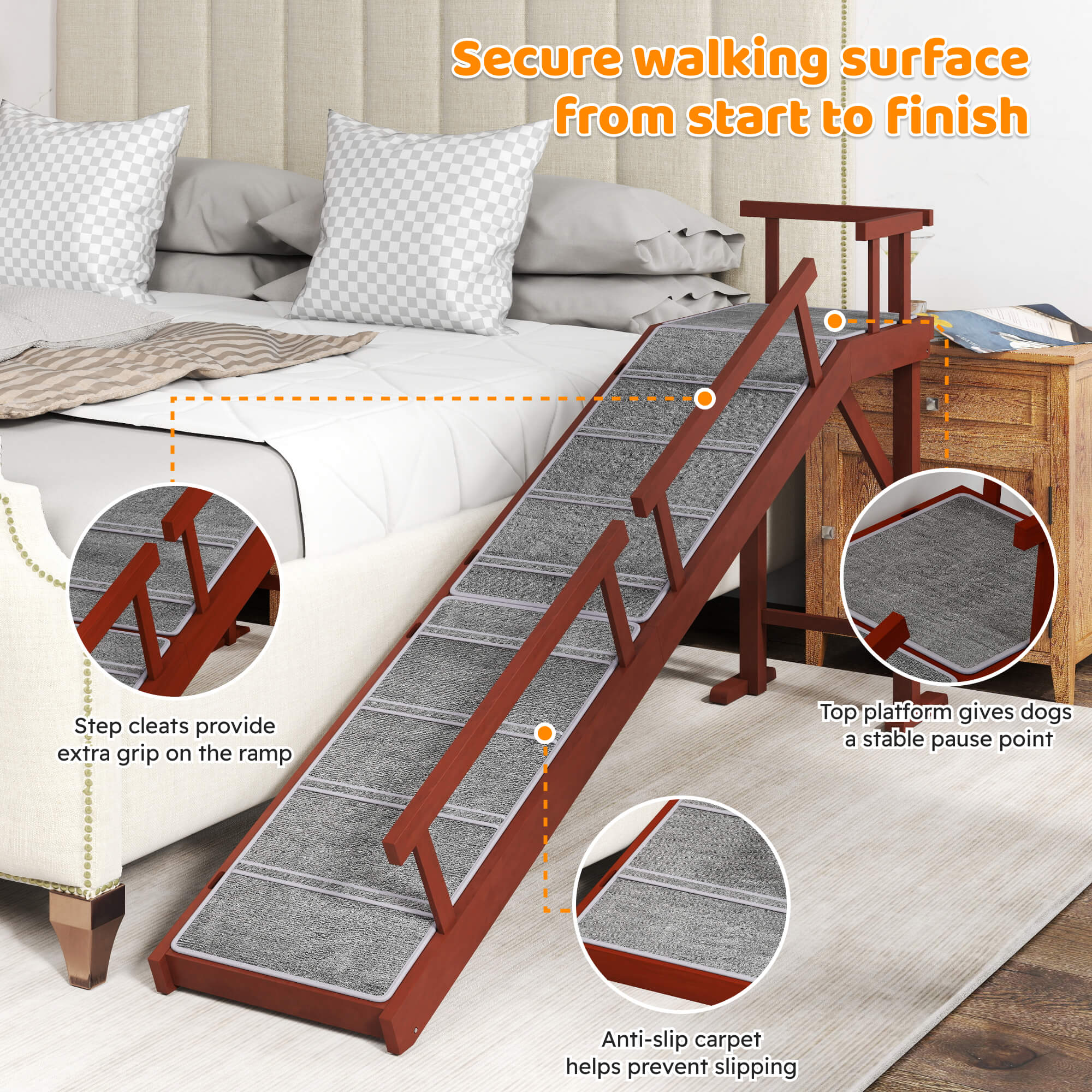 70.5" Dog Ramp for Bed Couch with Removable Guardrails for Small Medium Large Dogs Brown