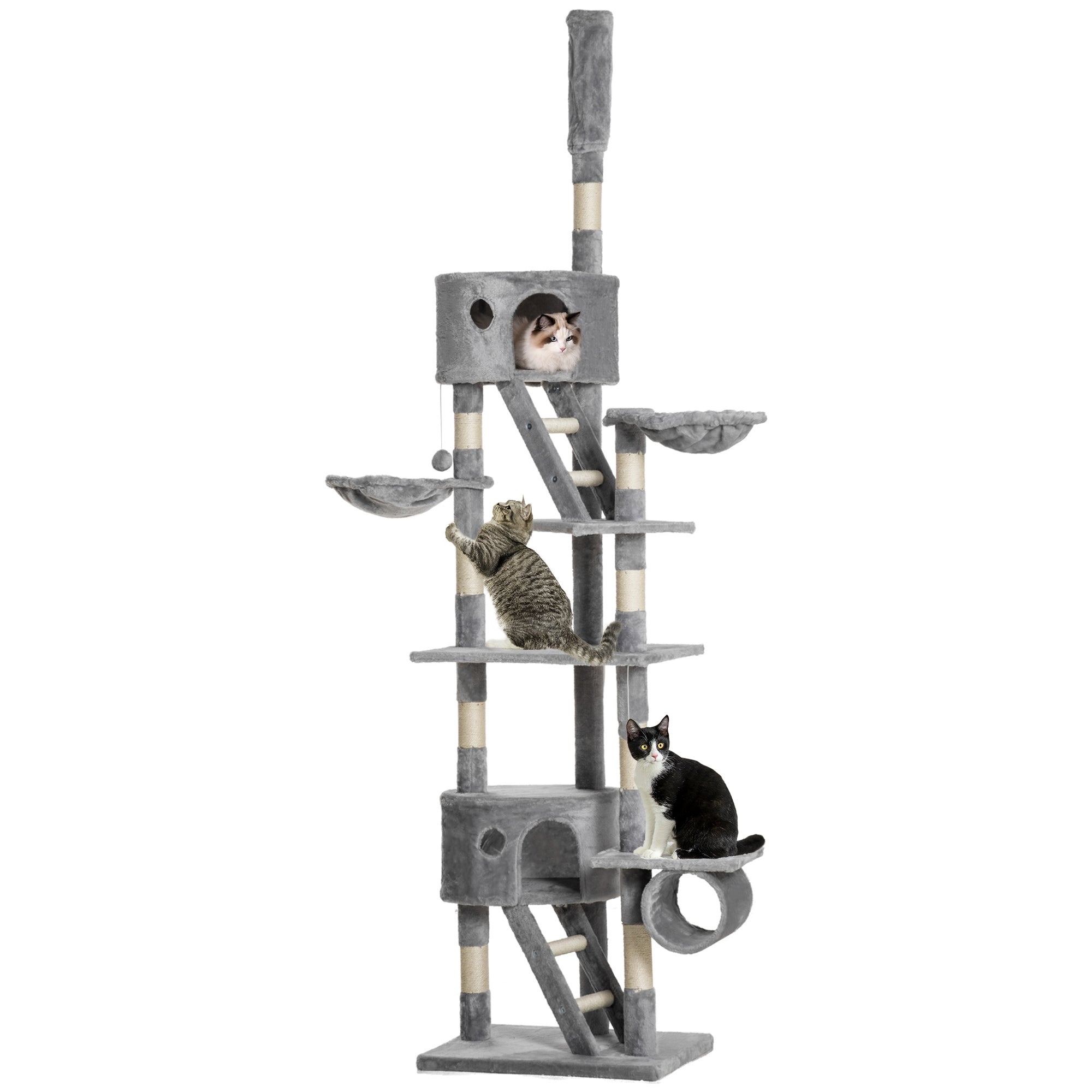  Floor to Ceiling Cat Tree, 94.5-102.5 inch Adjustable Height Cat Climbing Tower with Scratching Posts, Condos, Hammocks, Tubes, Ladders, Platforms, Dangling Balls for Indoor Kittens, Light Gray