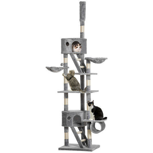  Floor to Ceiling Cat Tree, 94.5-102.5 inch Adjustable Height Cat Climbing Tower with Scratching Posts, Condos, Hammocks, Tubes, Ladders, Platforms, Dangling Balls for Indoor Kittens, Light Gray