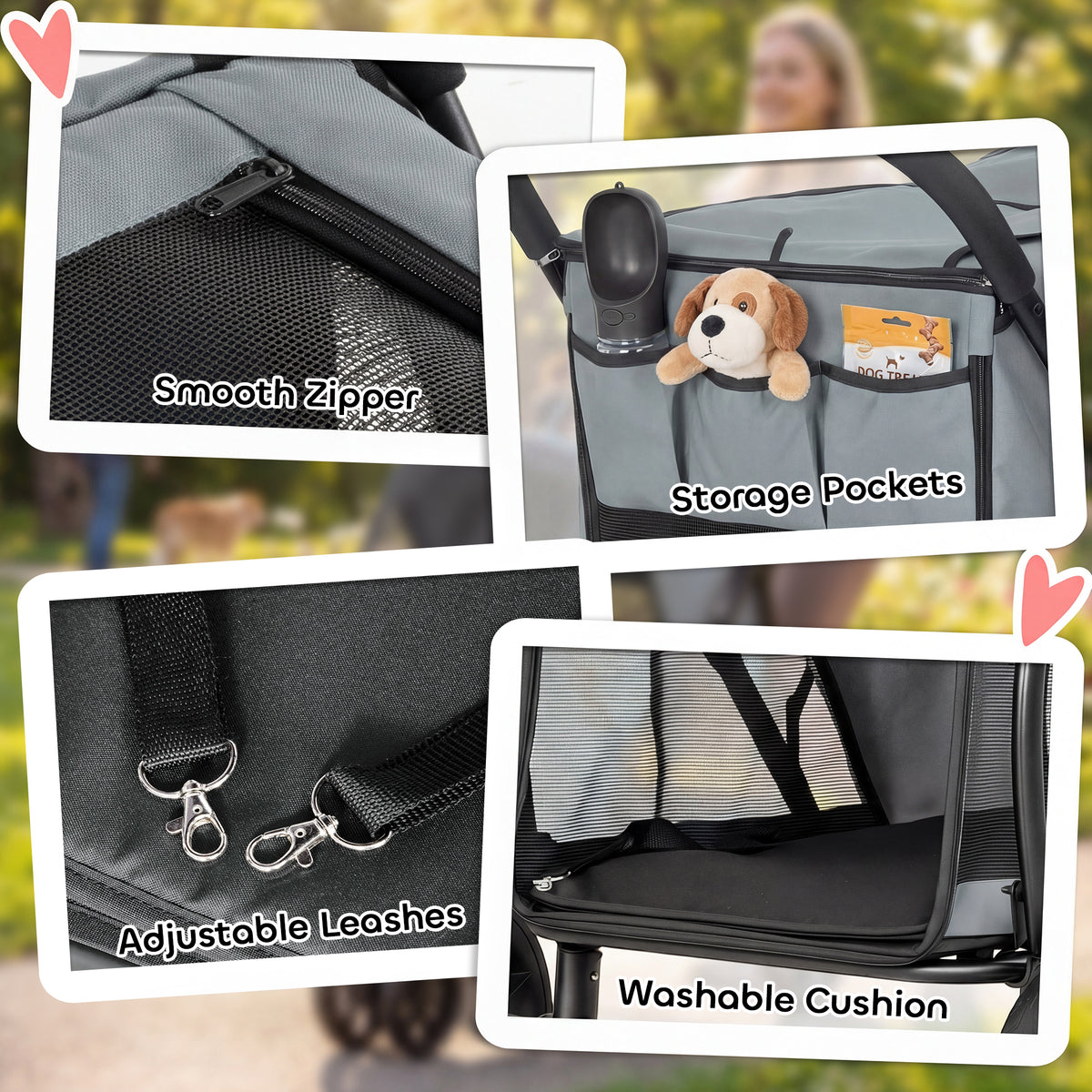 Dog Stroller, 3 Wheels Pet Stroller with Dual Entry, Easy One-Click Quick Fold, Mesh Windows, Washable Cushion, Pet Travel Buggy for Small and Medium Dogs and Cats, Grey