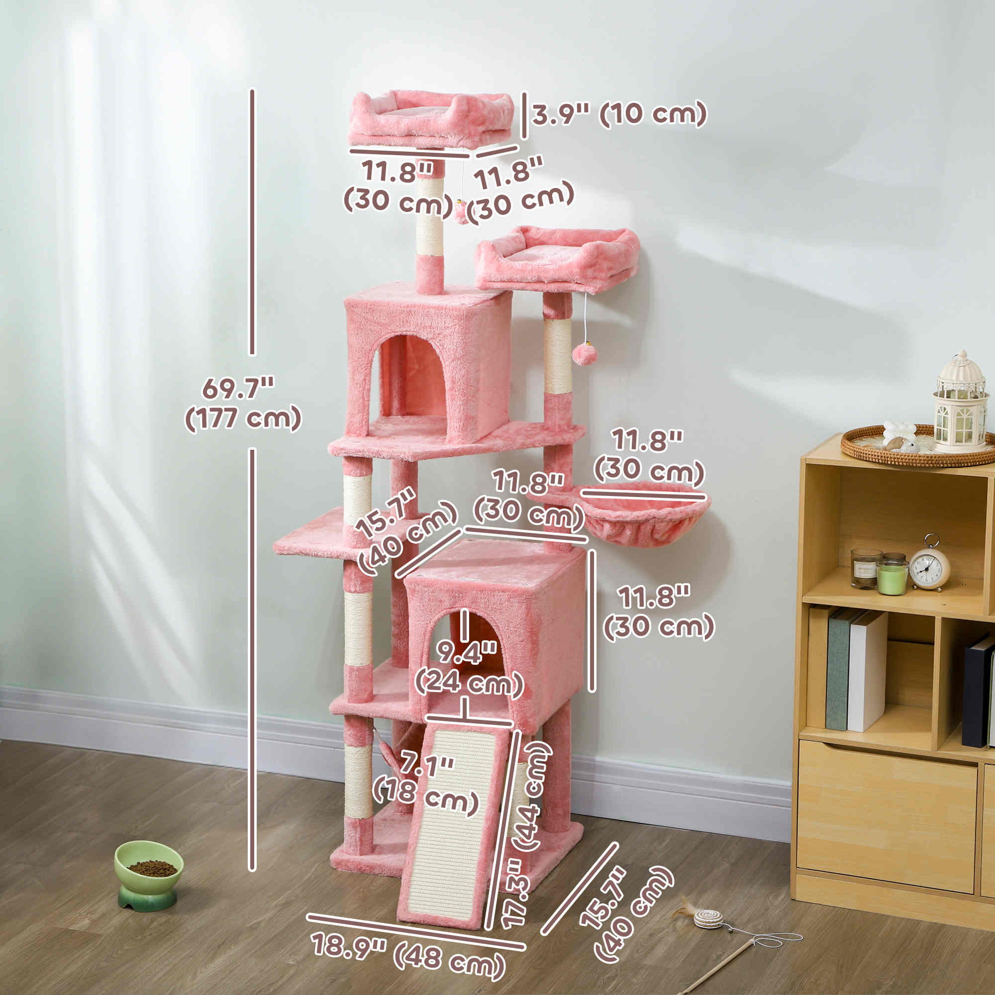 Cat Tree, 70" Multi-Level Cat Tower for Indoor with 2 Condos, 2 Plush Top Perches, Hammock, Platforms, Toy Balls, Sisal Scratching Posts and Board, Pink